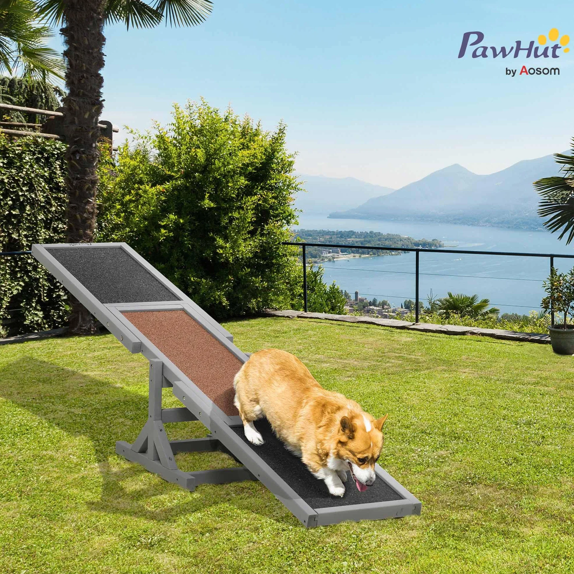 PawHut Agility Sport pour Chien Bascule - Bascule pour Chien - équipement Entrainement Chien - Bois pré-huilé Feutre bitumé antidérapant Gris Noir