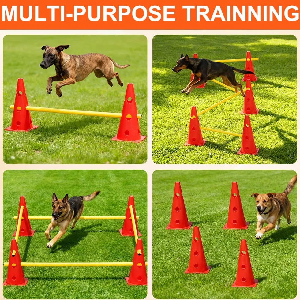 Haies d'Entraînement Agilité pour Chien, Saut Obstacle 8 Cônes 32cm + 4 Barres 80cm