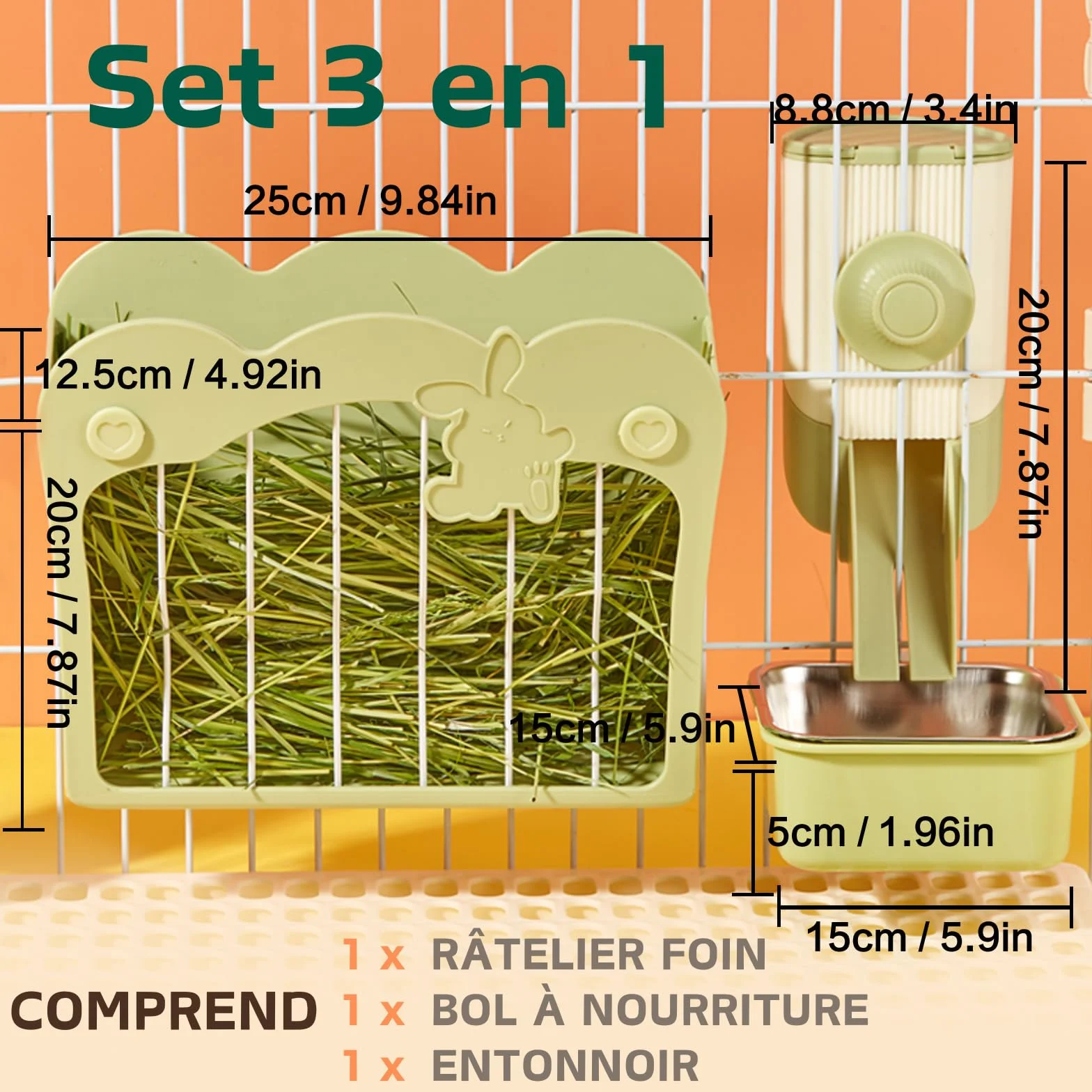 Mangeoire Foin Lapin 3 en 1 avec Gamelle et Entonnoir Suspendu pour Cage, Râtelier à Foin Vert