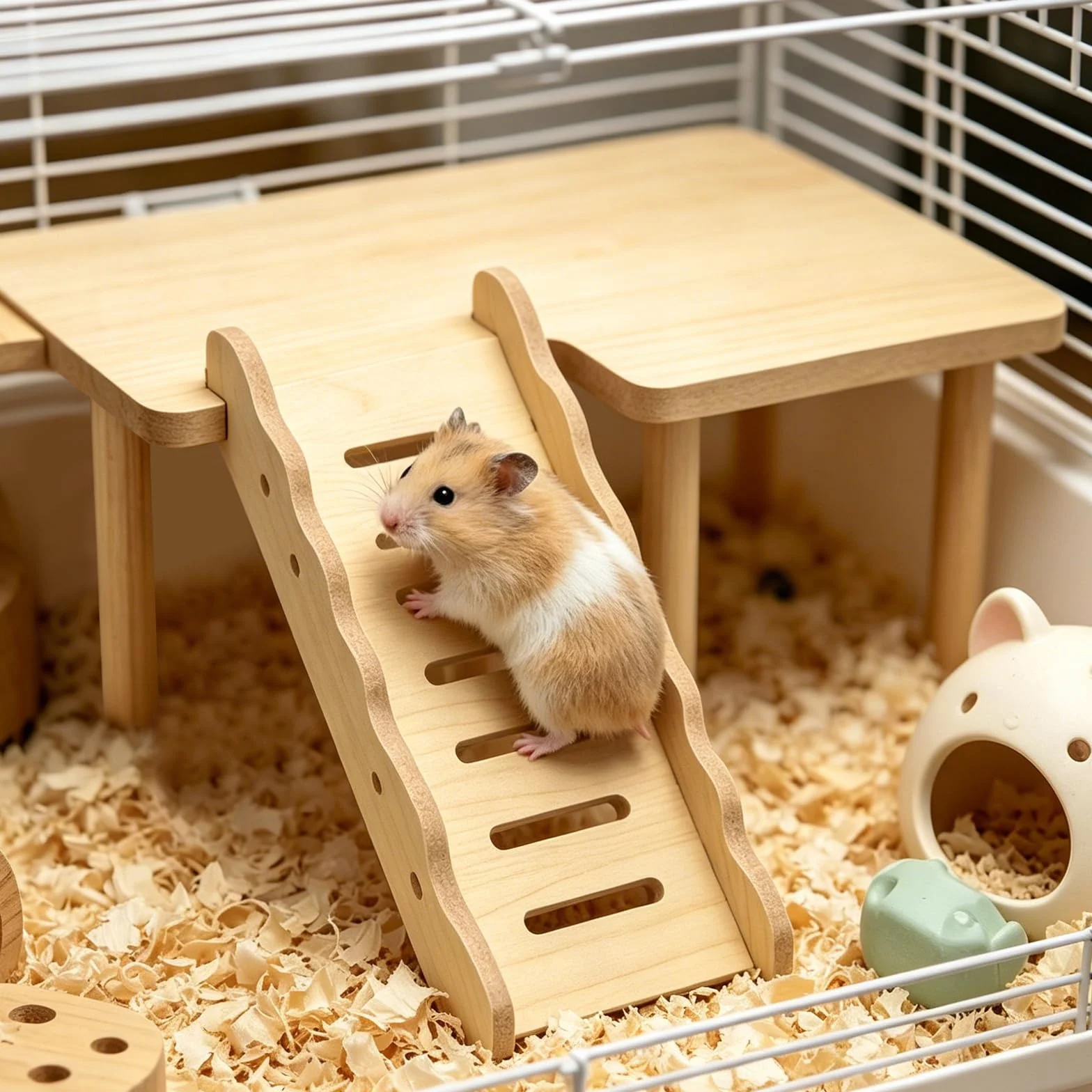 Plateforme en Bois pour Hamster avec Échelle d'escalade et Tunnel, Set Plateforme pour Petit Animal de Compagnie, Hamster Russe Doré Syrien Nain, Jouet à Mâcher Accessoire Cage