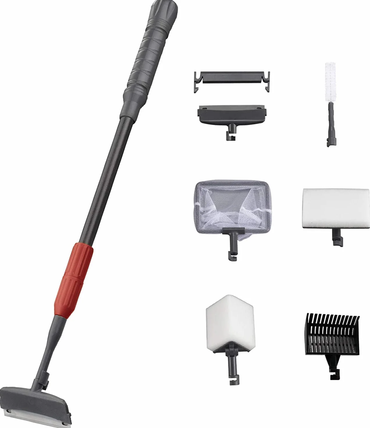 Boxtech Kit de nettoyage d'aquarium 6 en 1, Filet de pêche, Grattoir à algues, Balai à gravier, Brosse à tuyau, Éponge