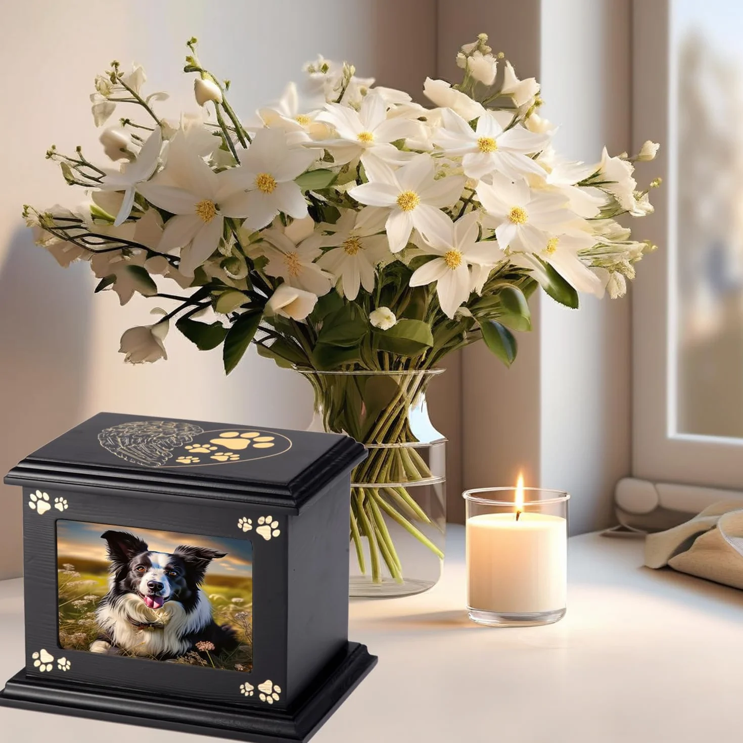 Urne funéraire en bois pour animaux de compagnie Doggy Memorial 40 avec cadre photo noir