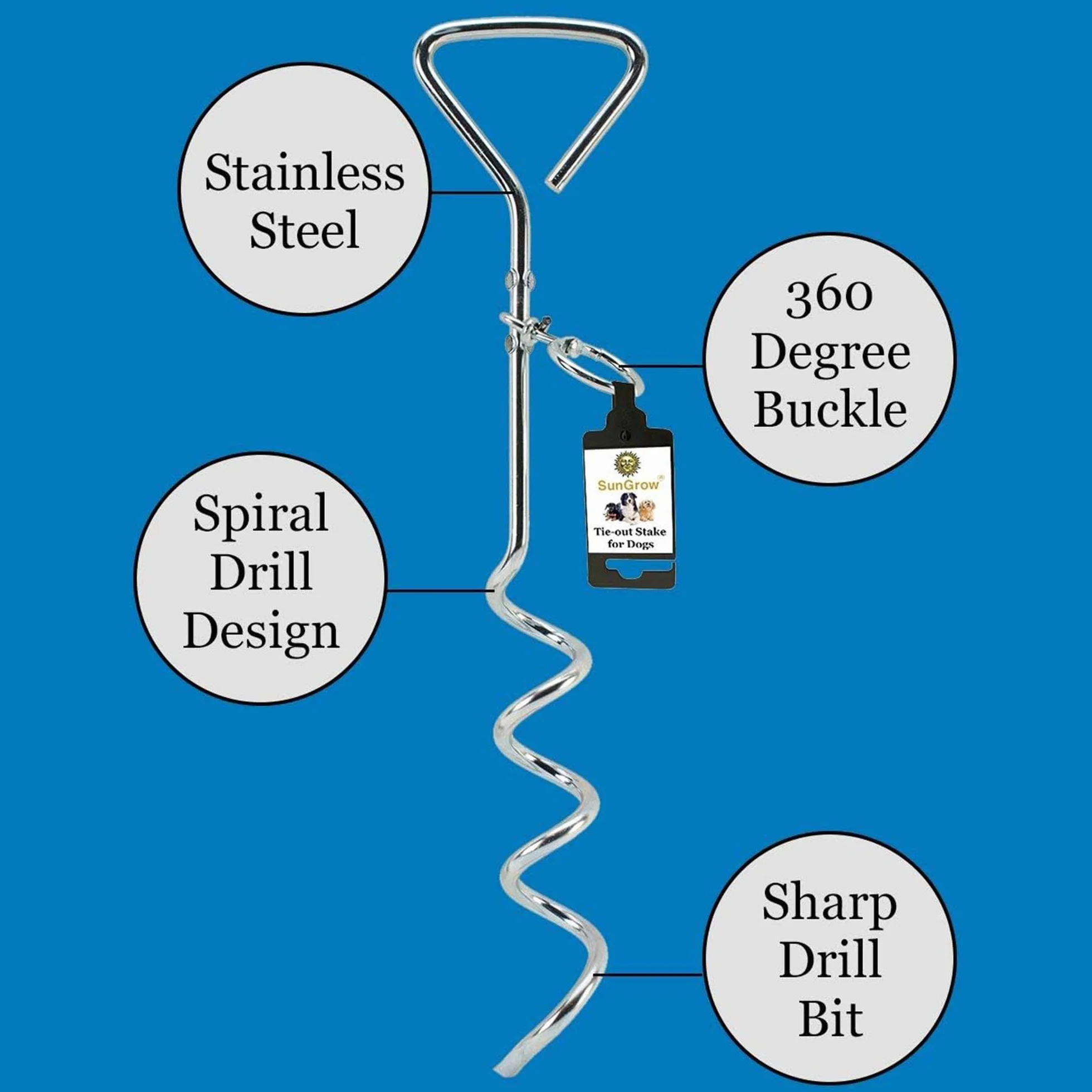 SunGrow Galvanisé Tie Out Leash Stake Anneau Rotatif à 360 degrés, 16,4 x 3,2 Pouces, Conception de Foret en Spirale, Facile à Utiliser et Pratique pour Sortir, Convient aux Chiens jusqu'à 80 Livres