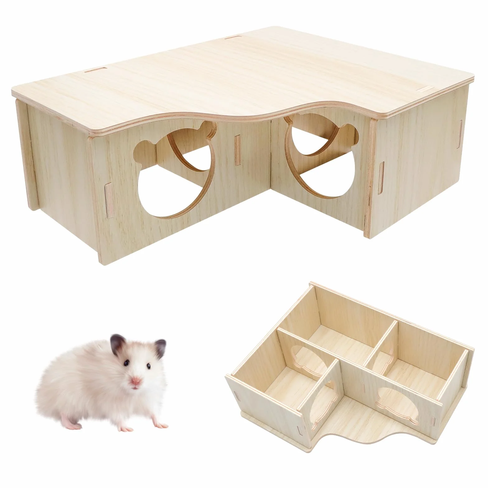 Maison Hamster Bois 3 pièces – Maison Hamster à Plusieurs Chambres résistante à l’Eau, cachette Hamster en Bois Naturelle et écologique, Maison Hamster Cage Facile à Nettoyer pour rongeurs