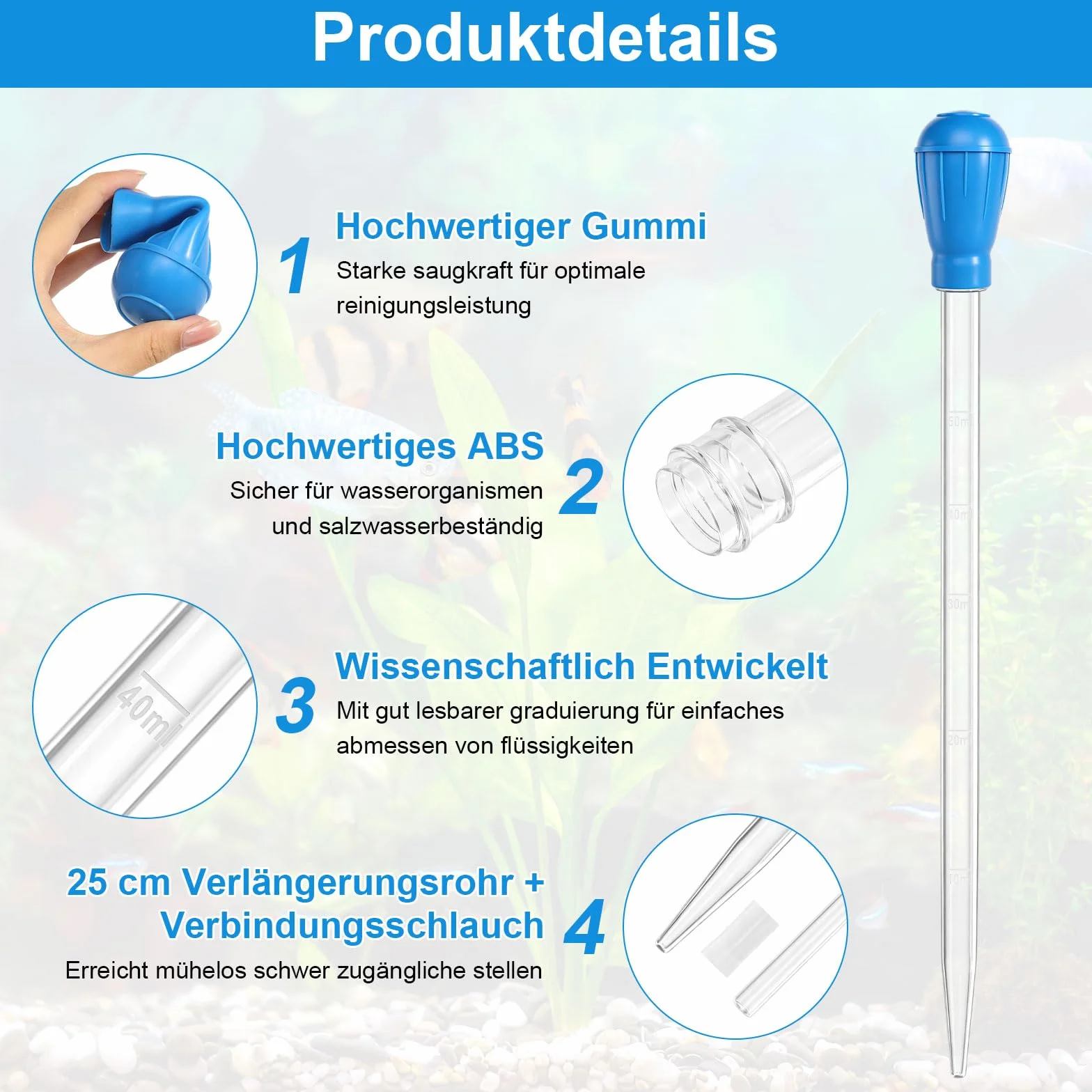 prota Grande pipette d'aquarium - 45 cm - 50 ml - Extra longue - Avec tube d'extension de 25 cm de long - Nettoyeur manuel - Changement d'eau d'aquarium - Accessoire de nettoyage