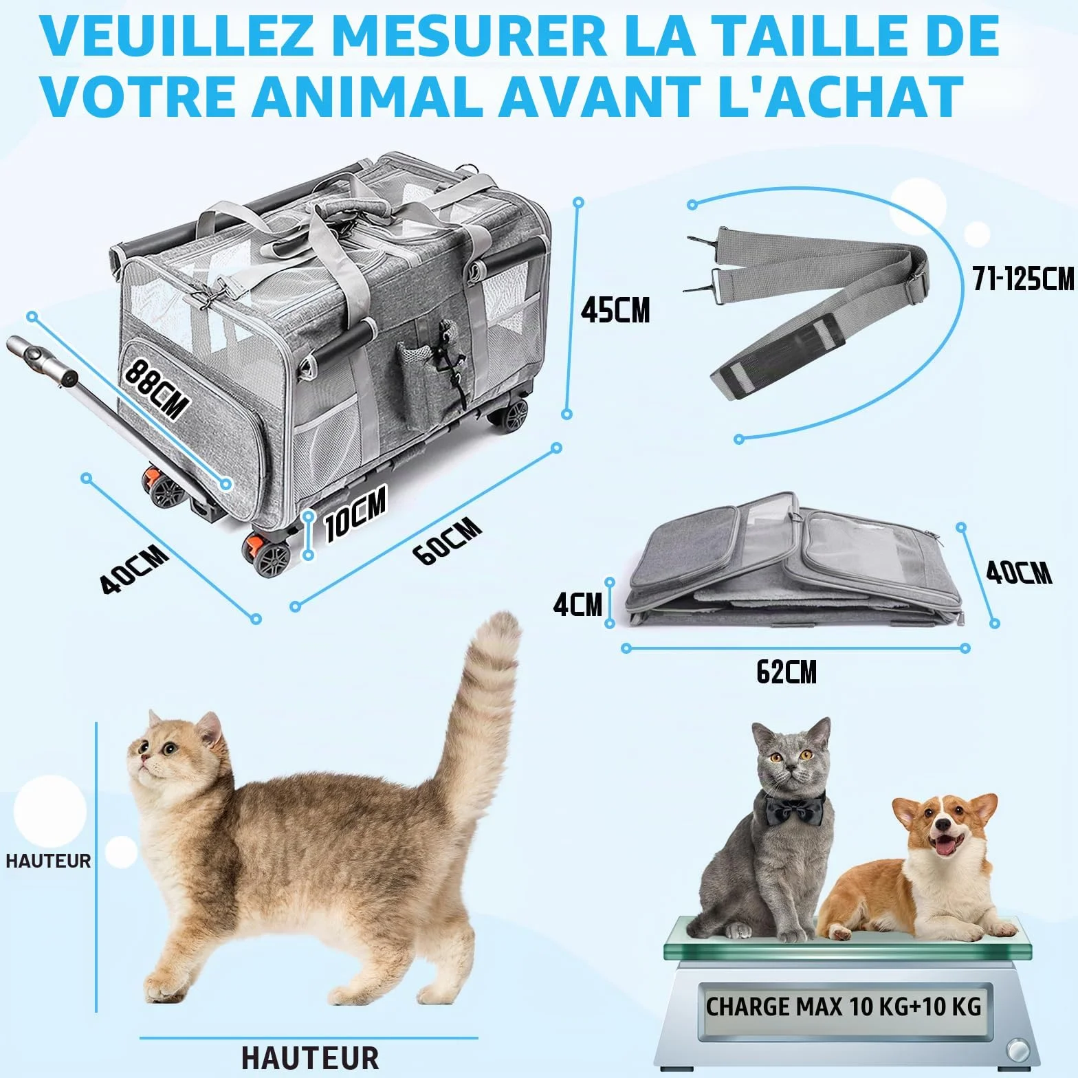 Sac à roulettes pour Chat Chien Pliable Transporteur Roulant, Sac de Transport Chats Poignée Télescopique Bandoulière pour 2 Chats et Petits Chiens jusqu'à 20 kg, Design ventilé