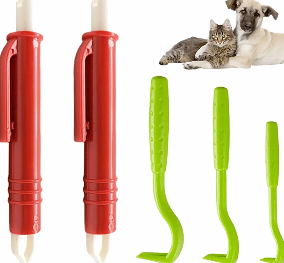 5 Pièces Anti-tiques - 3 Crochets à Tiques et 2 Pinces à Tiques Ensemble, Dissolvant sans Douleur pour Chiens, Chats et Humains Animaux de Compagnie (Rouge, Vert)