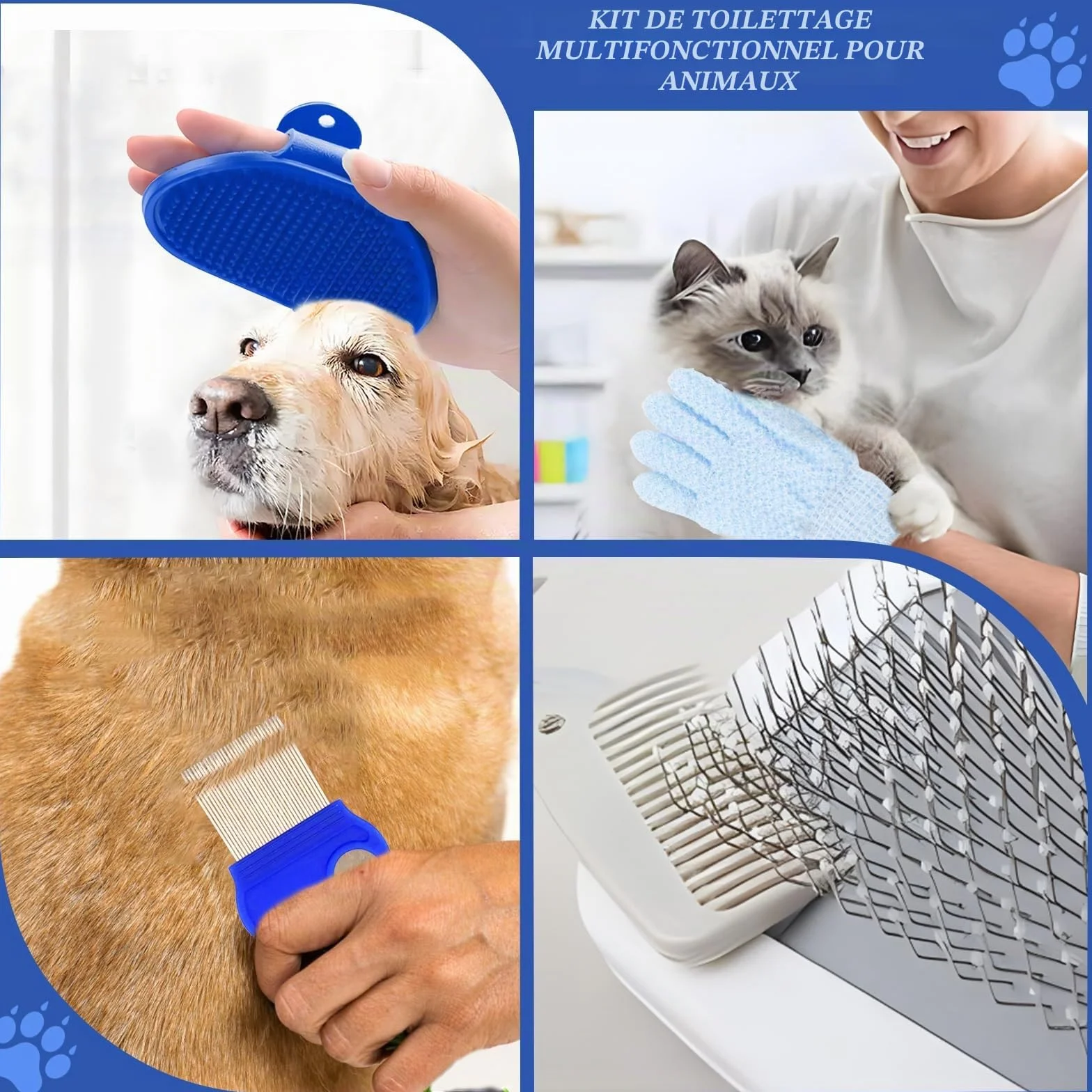 Kit toilettage lapin 8 pièces Tondeuse Coupe-ongles Lime Massage Gant bain Peigne puces chat chiot