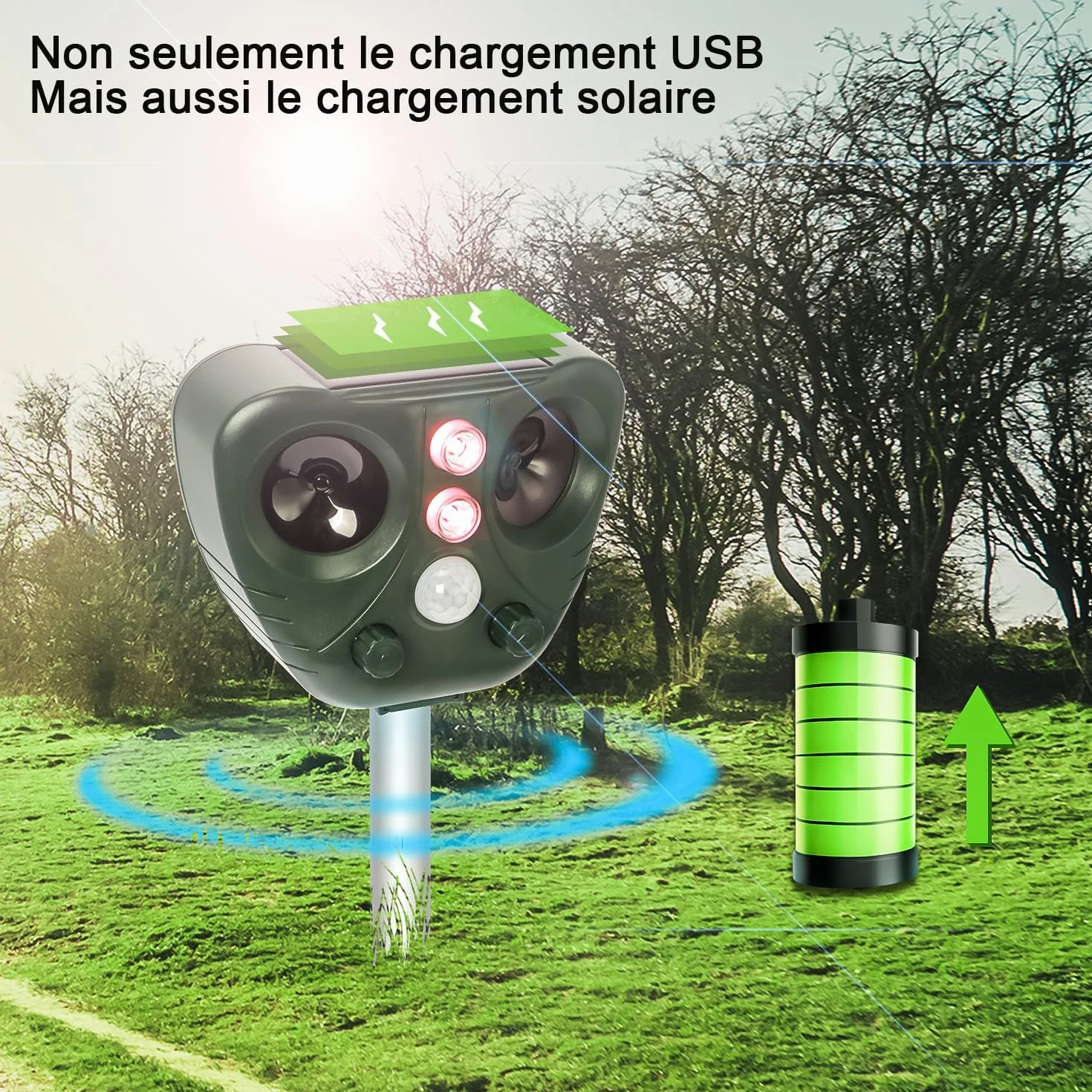 Repulsif Ultrason Chat Exterieur Etanche IP66 Rechargeable Solaire USB Anti Chat Chien Oiseaux Jardin