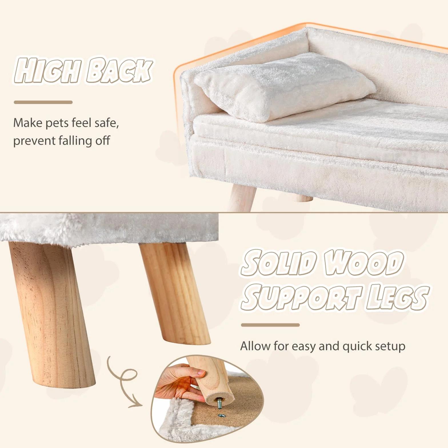 SOARS Canapé pour Chien Chat, Lit Surélevé avec Dossier Haut, Coussin et Pieds en Bois Massif, 71 x 43 x 40 cm, Beige