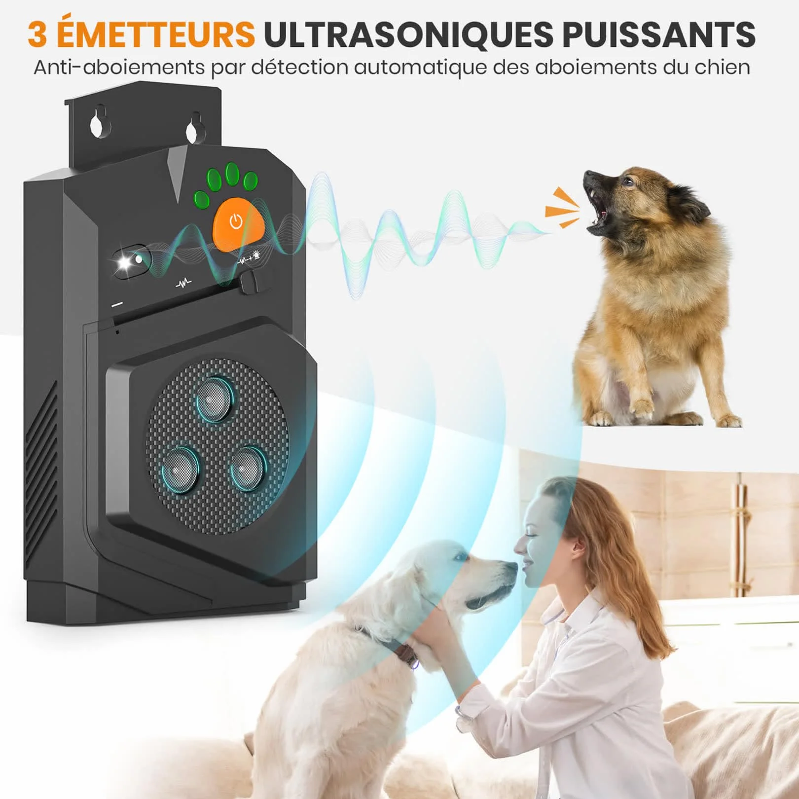 Anti Aboiement Chien Ultrason Puissant IP56 15m USB Rechargeable 3 Modes
