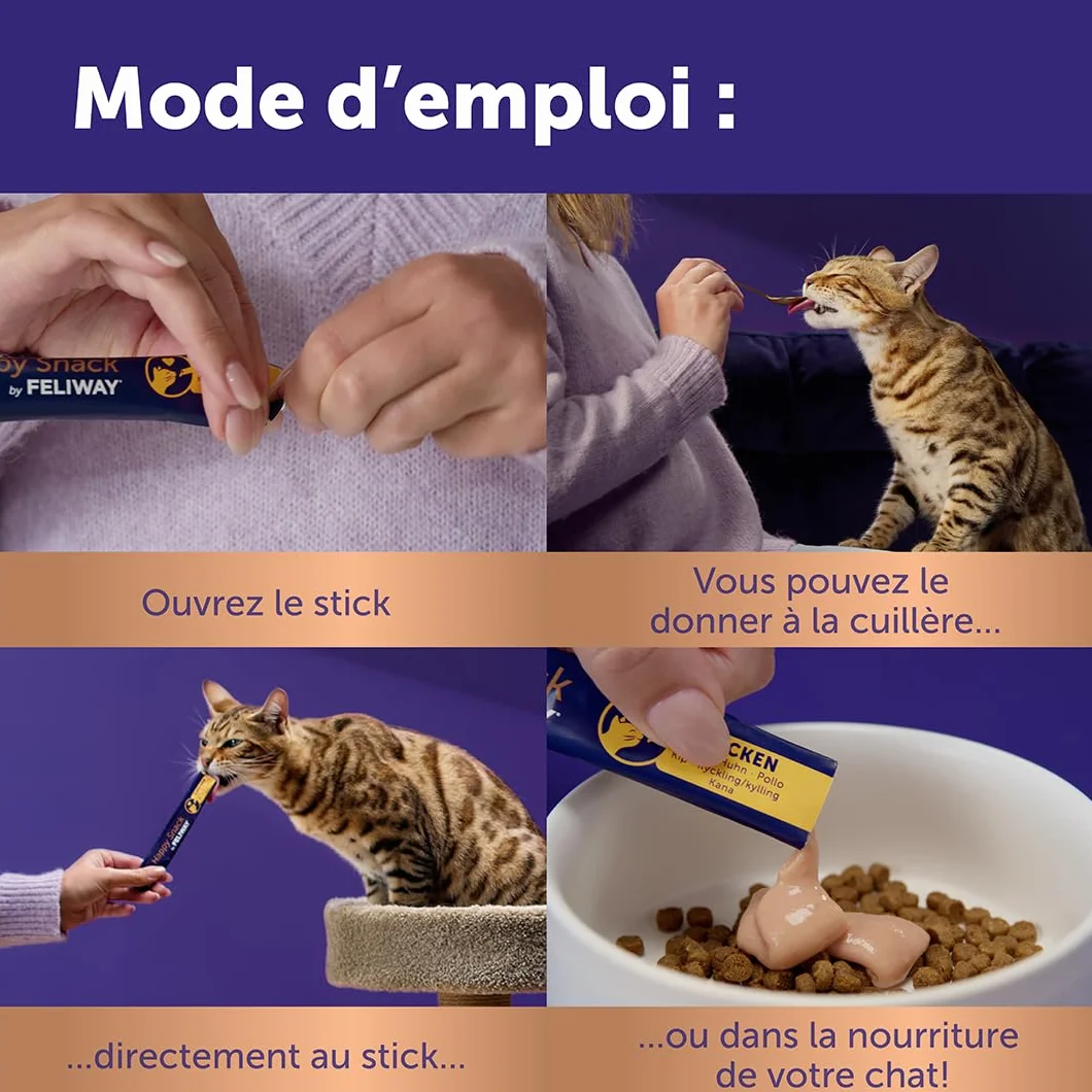 Happy Snack by FELIWAY - Pack de 5 boits - Friandise Onctueuse Relaxante pour Chat - Appréciée par 86% des Chats - sans Somnolence - Au Poulet - 30 Sticks de 15g