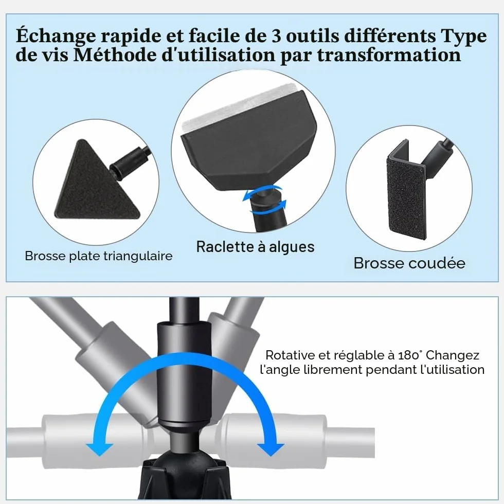 Kit de nettoyage pour aquarium 3 en 1 avec tige amovible 35,6 cm, grattoir à algues et brosse plate