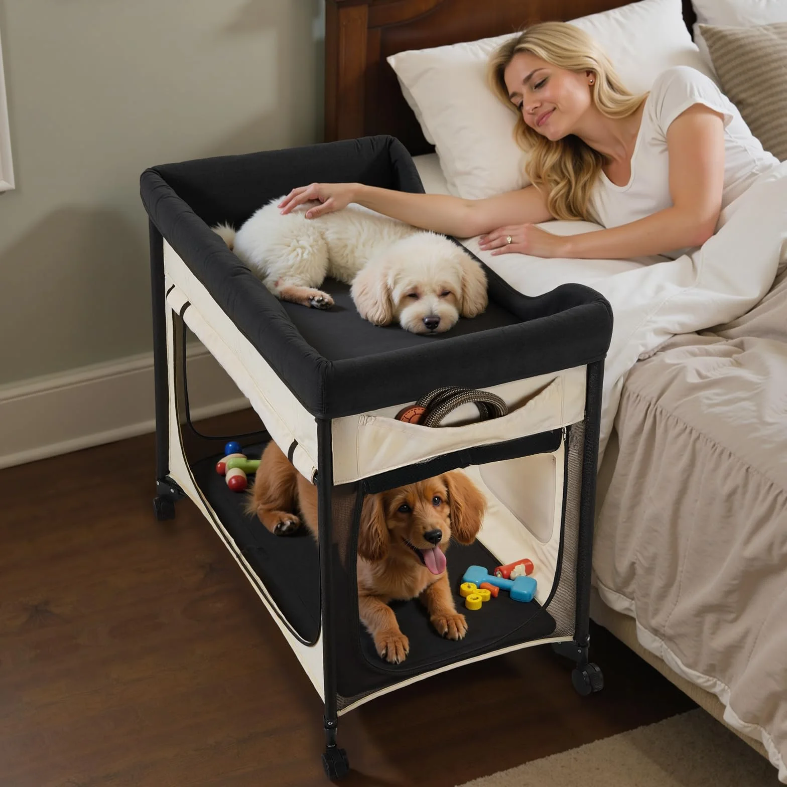 VEVOR Lit Surélevé pour Chiens Chats Pliable, Tissu Oxford 600D Velours Hollandais, Roues Pochettes Latérales, Taille XL Beige
