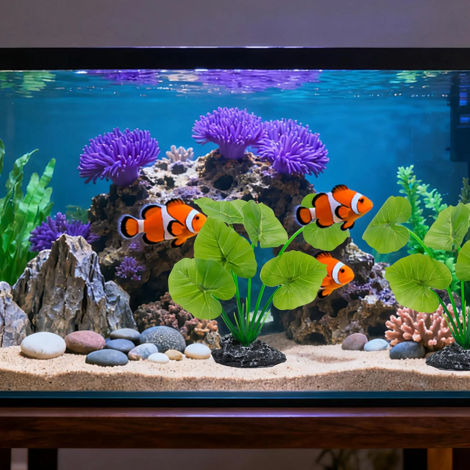 Plante artificielle aquarium terrarium bois flotté socle résine feuilles plastique cachette brise-vue