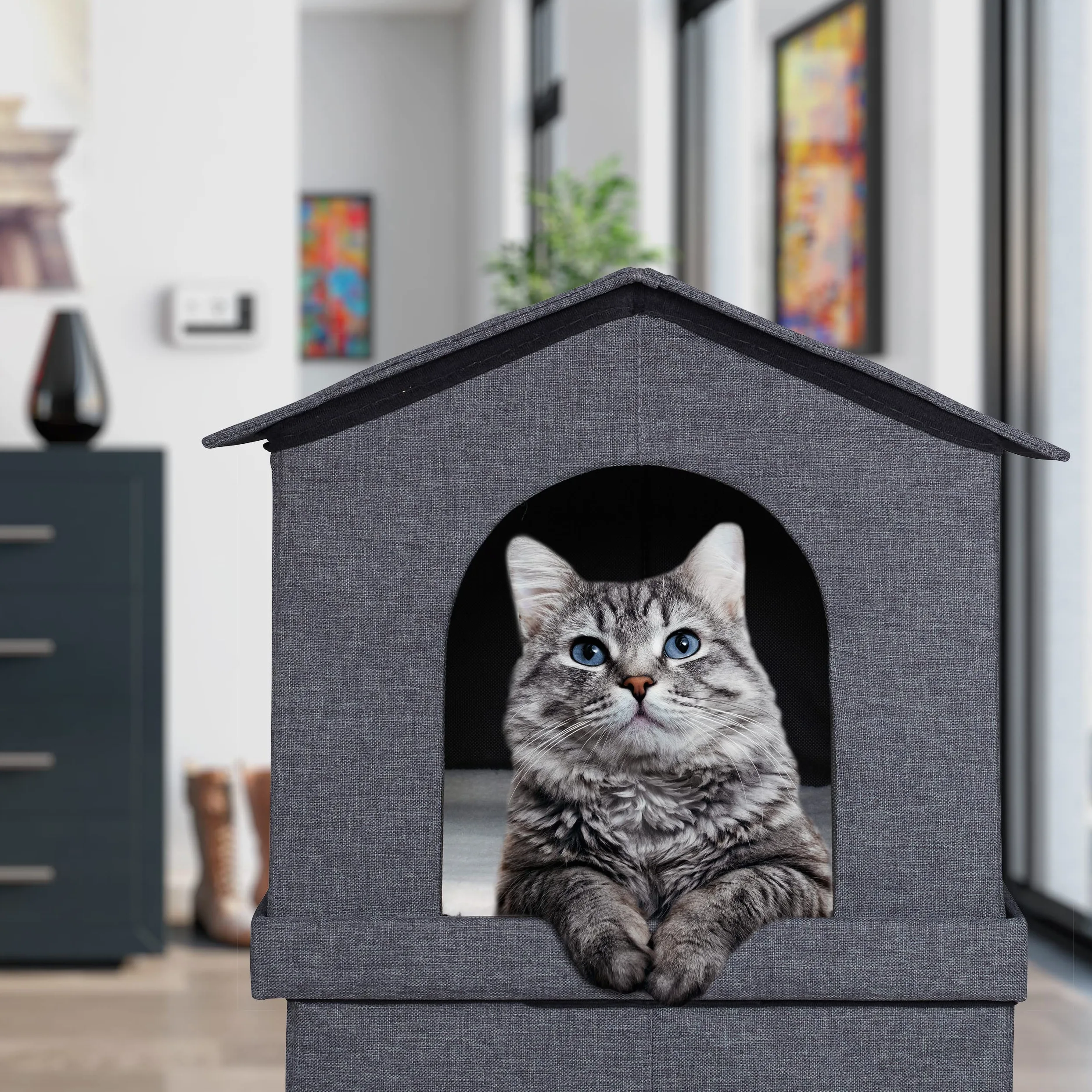 Relaxdays Maison pour Chat en Tissu, abri avec 2 Portes, HxLxP : 71,5x62,5x44 cm, Niche Chatons et Chats, Gris foncé
