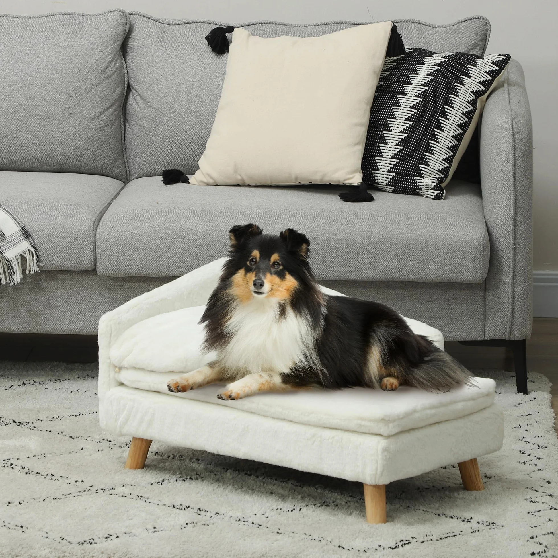 PawHut Canapé pour Chien Lit pour Chien Chat avec Coussin Moelleux Oreiller Housses Amovibles Lavables Peluche 70 x 42,5 x 38,5 cm Crème