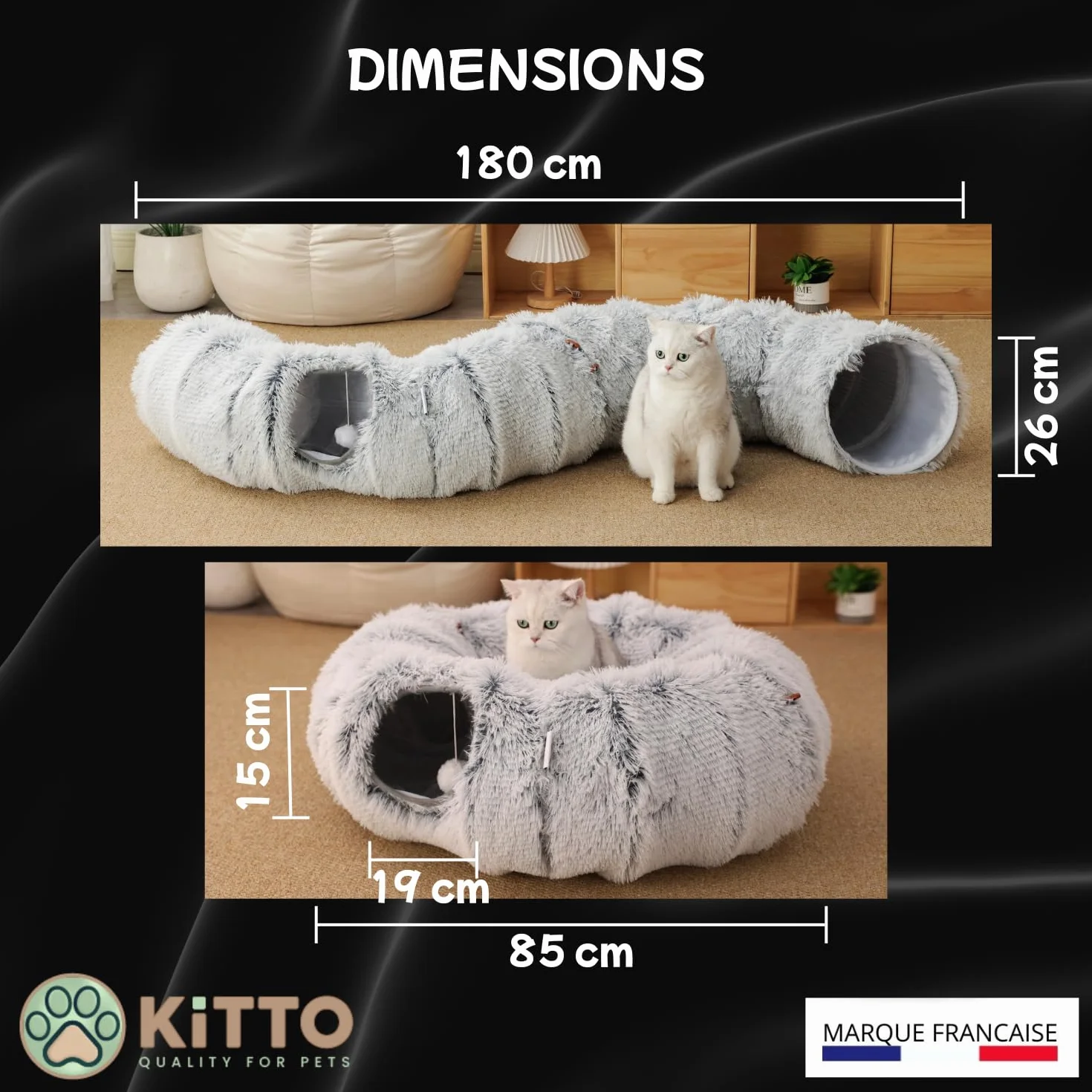 Kitto - Tunnel pour Chat - Panier Moelleux avec Coussin lit - Tunel Cat Jeu - Cabane, Niche - Tunnelle modulable - Rond -Convient pour Chat XXL, Petit Chien, Lapin, Furet - 12 Attaches en Bois