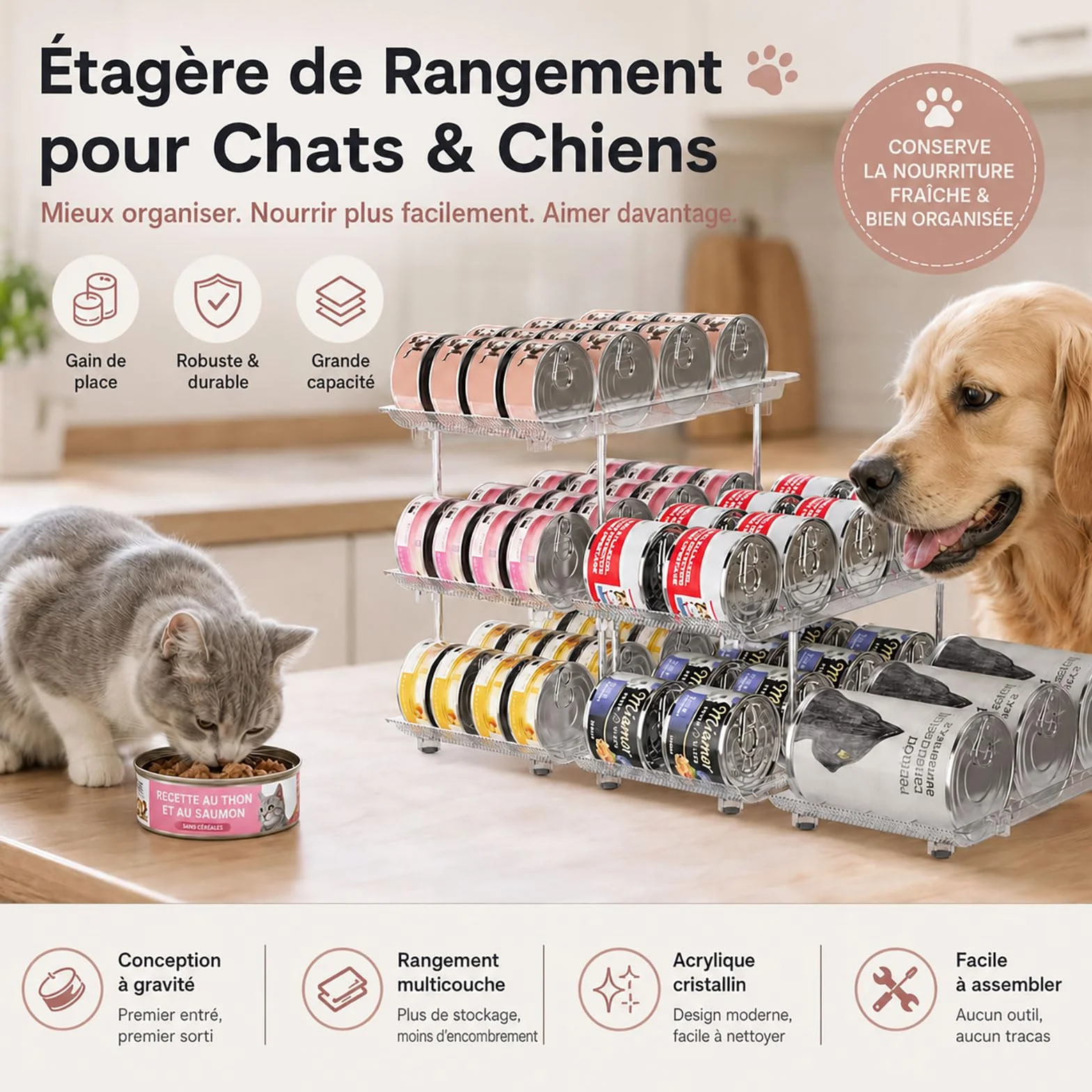 Organisateur de Canettes & Boîtes de Conserve pour Garde-Manger – Distributeur 3 Niveaux Empilable pour Placard Cuisine & Frigo – Rangement Ajustable pour Conserves, Sodas & Pâtée Chat