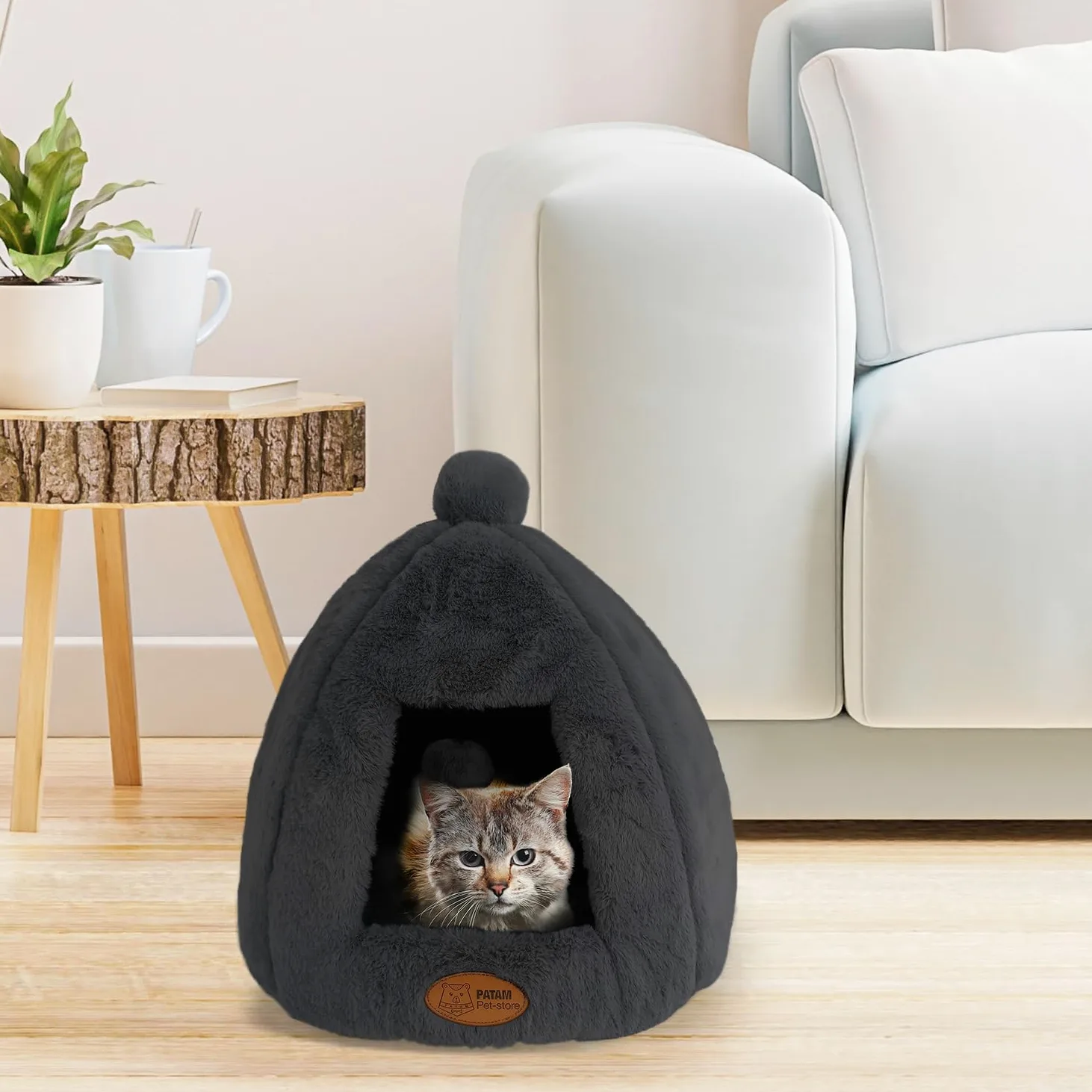 Niche pour Chiens et Chats, antidérapante en Tissu Duveteux Doux, Lavable, Design de Rideau avec Balle de Jeu, 43 x 43 x 43 cm - Igloo Noir