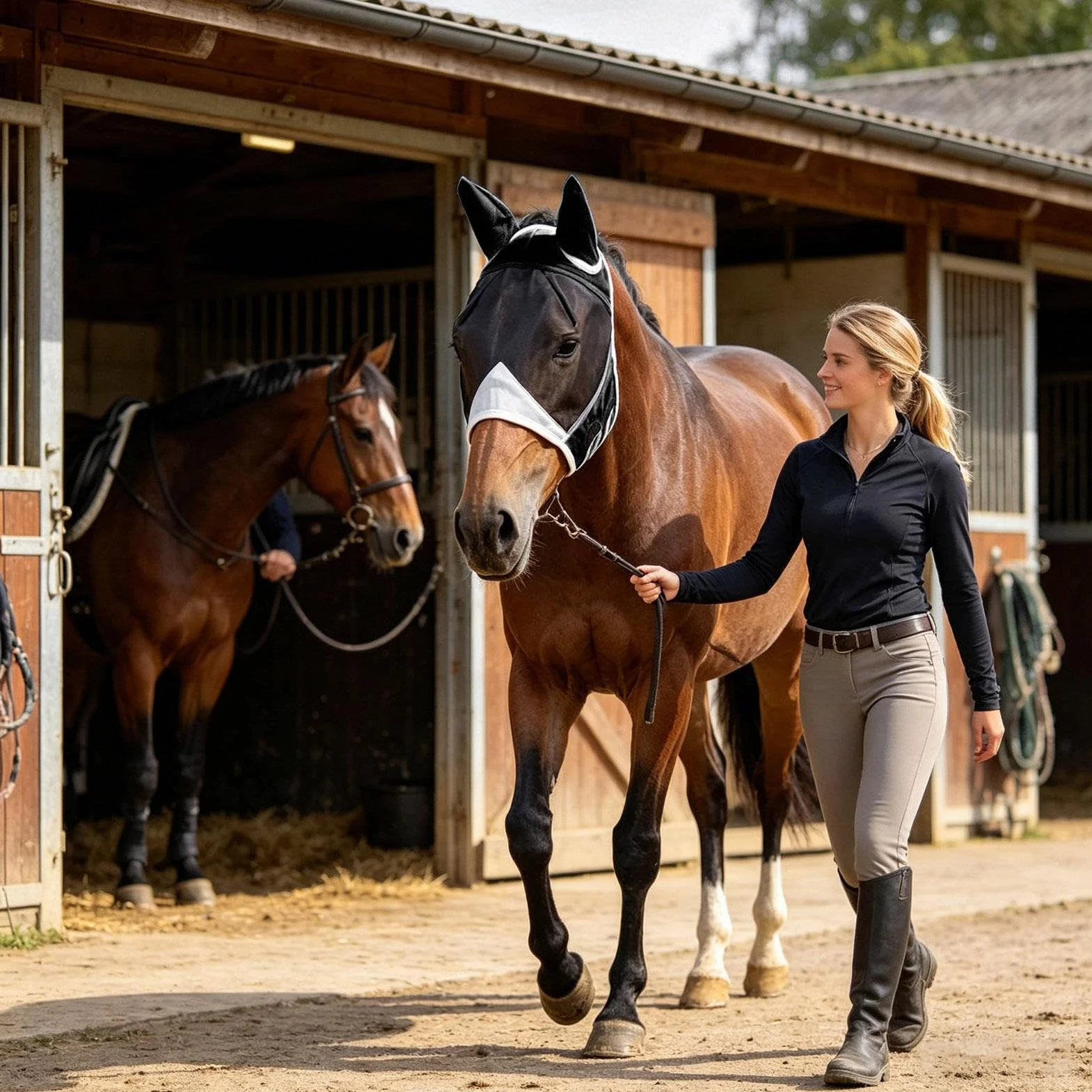Masque Anti-Mouches pour Cheval Tissu Respirant Protection UV avec Oreilles Sangle Élastique Demi-Masque