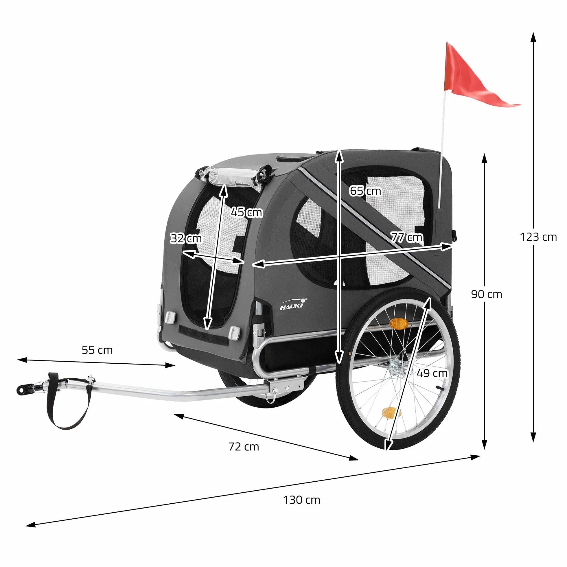 Hauki Remorque 2in1 de Vélo et Poussette de Chien, Pliable, Gris, en Acier/Tissu Oxford, 130x72x90 cm, Chariot avec Réflecteurs Laisse et Drapeau, Charge Max. 40 kg, Transport d'animaux de Compagnie