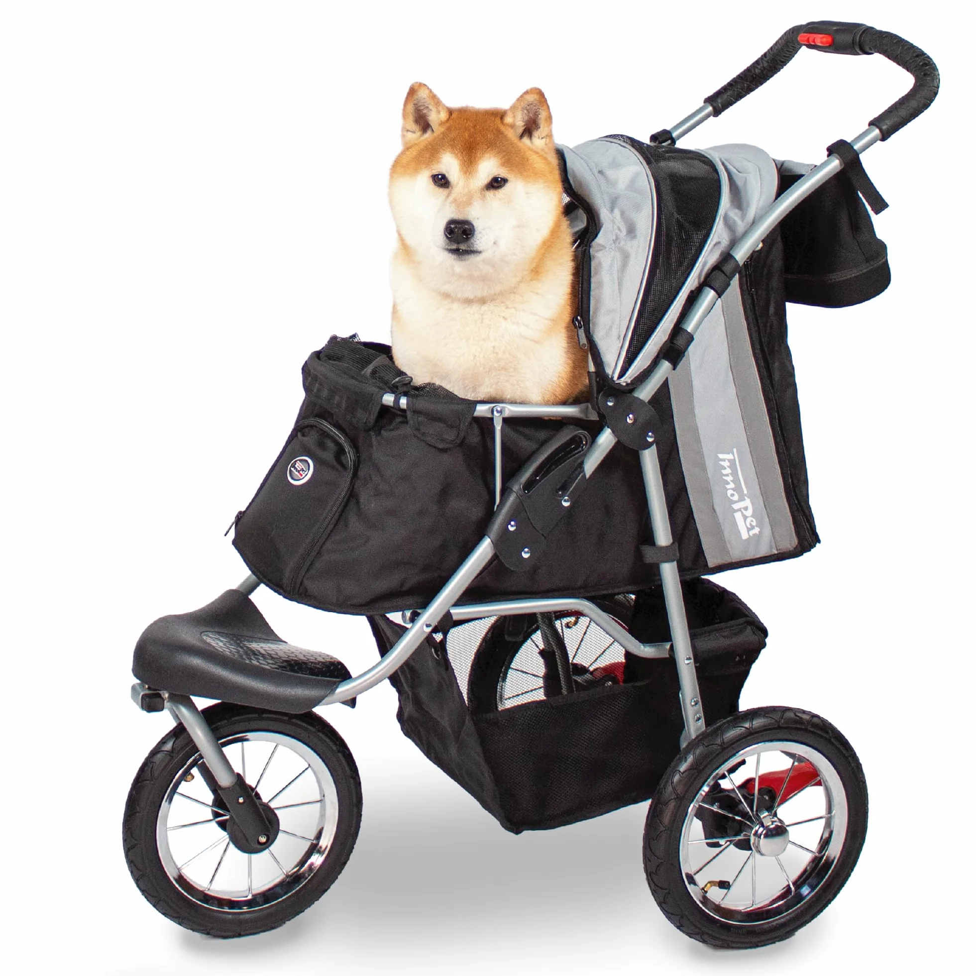 Poussette Innopet Comfort Air Eco pour chiens et chats, noir/argent - 12 pouces pneus pneumatiques - Pliable une main - Organiseur - Tissu nylon recyclé