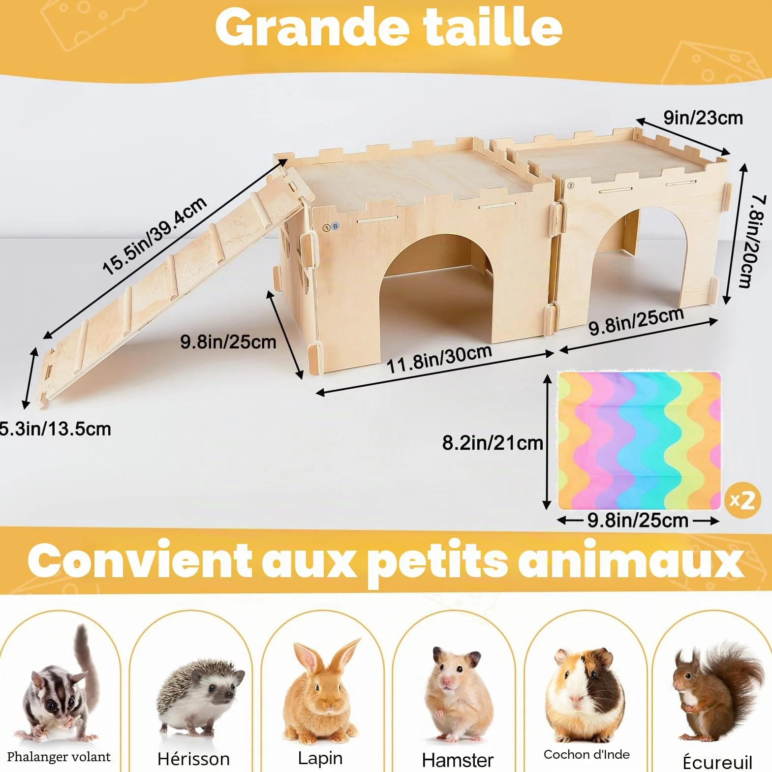 Cabane en Bois pour Cochons d’Inde, Maison Cachette pour Petits Animaux avec Rampe, Plusieurs Portes et Fenêtres, Accessoire pour Hamsters et Autres Petits Animaux