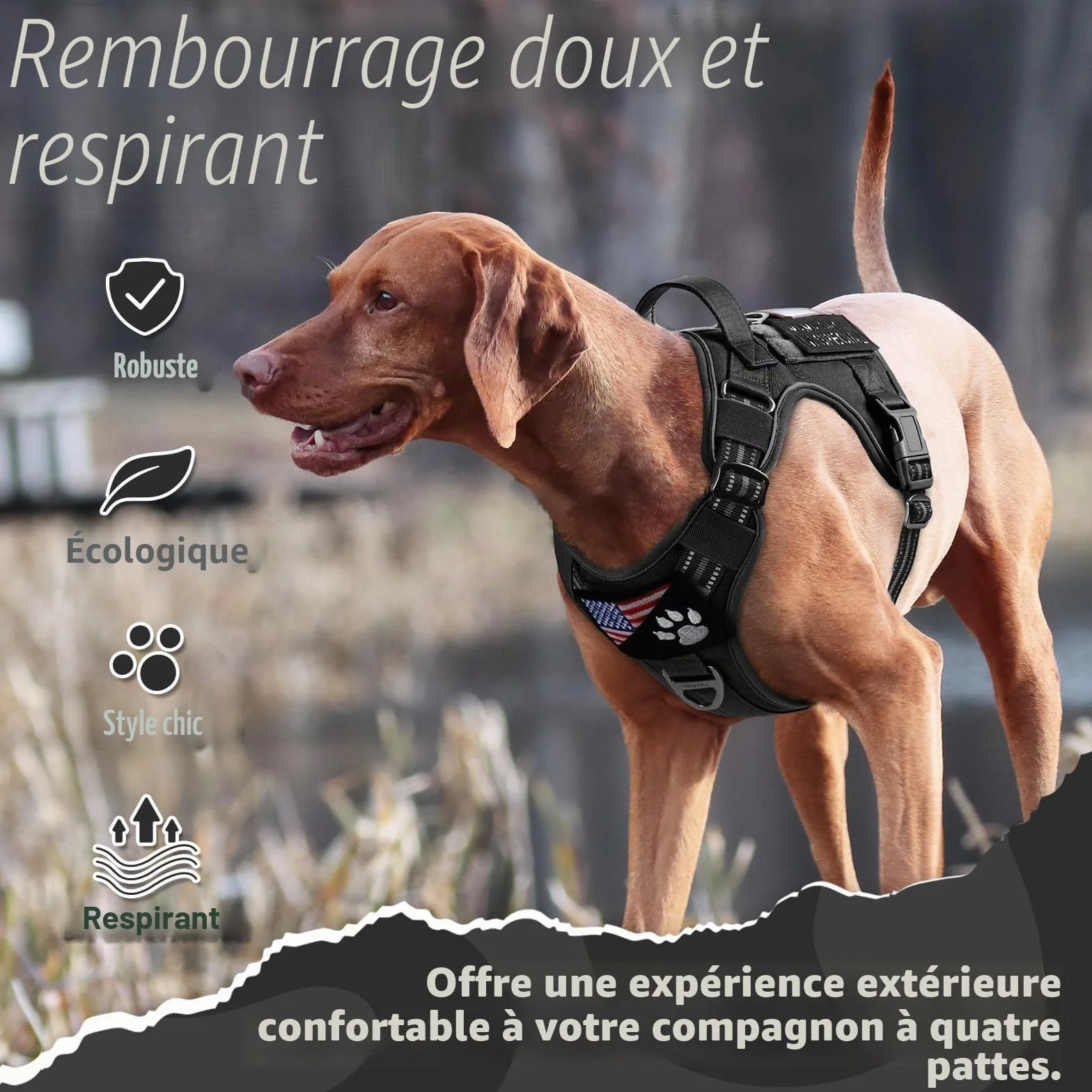 Rabbitgoo Harnais Chien Anti Traction Tactique Réfléchissant Réglable avec Poignée et Anneaux, Gilet Solide Facile à Mettre, Noir, L