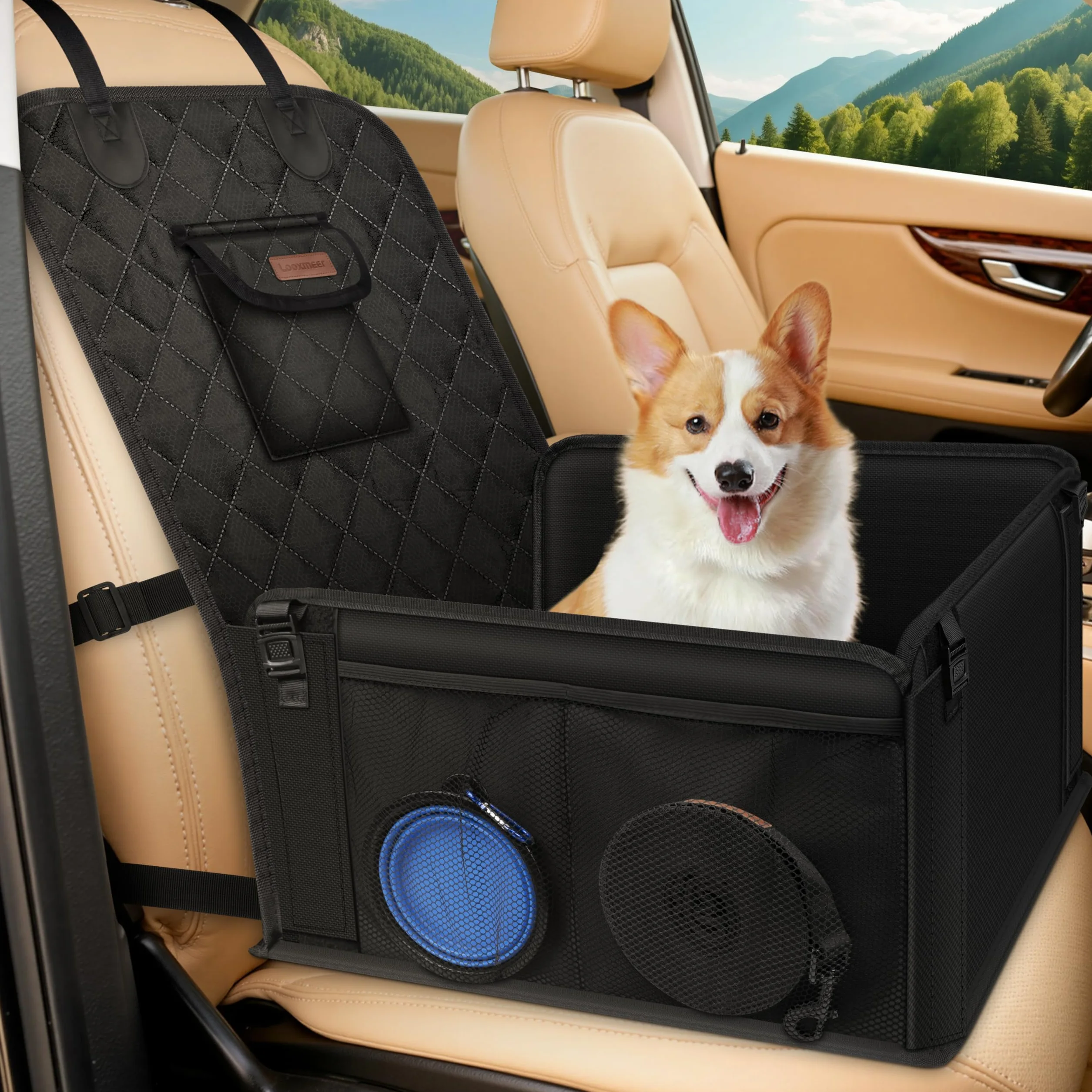 Siège Auto Chien Sécurisé Imperméable Anti-Griffes Filet Rangement Ceinture Sécurité Adjustable Noir