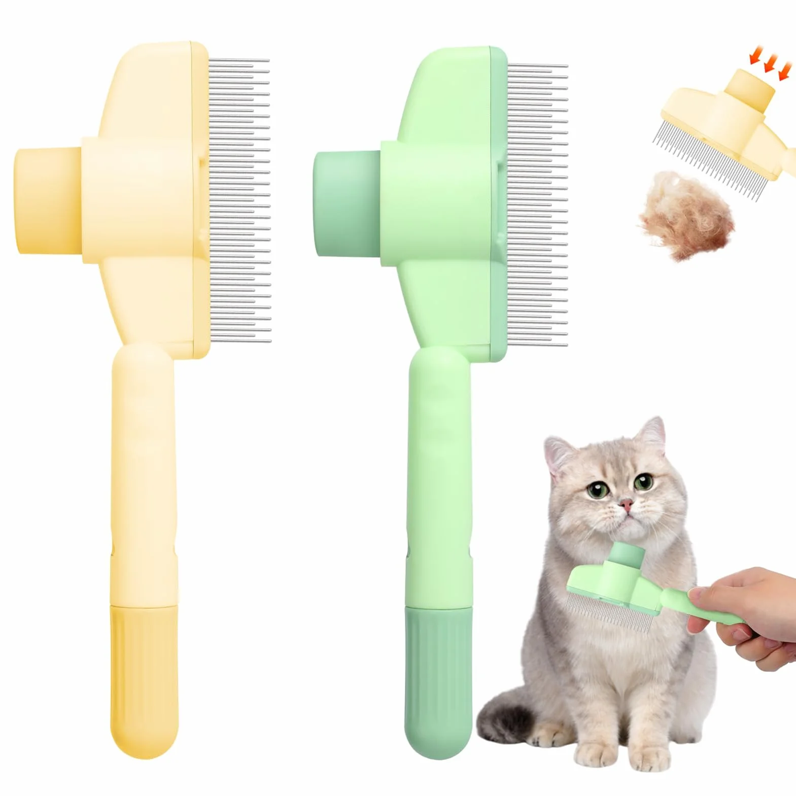 Peigne Chat|2 Pack Brosse Poils Animaux Autonettoyante Pour Poils, Peigne Anti Puces Pour Chat Avec Bouton De Déverrouillage, Brosse de Toilettage Pour Convient Aux Poils Longs Et Courts (Vert+Jaune)