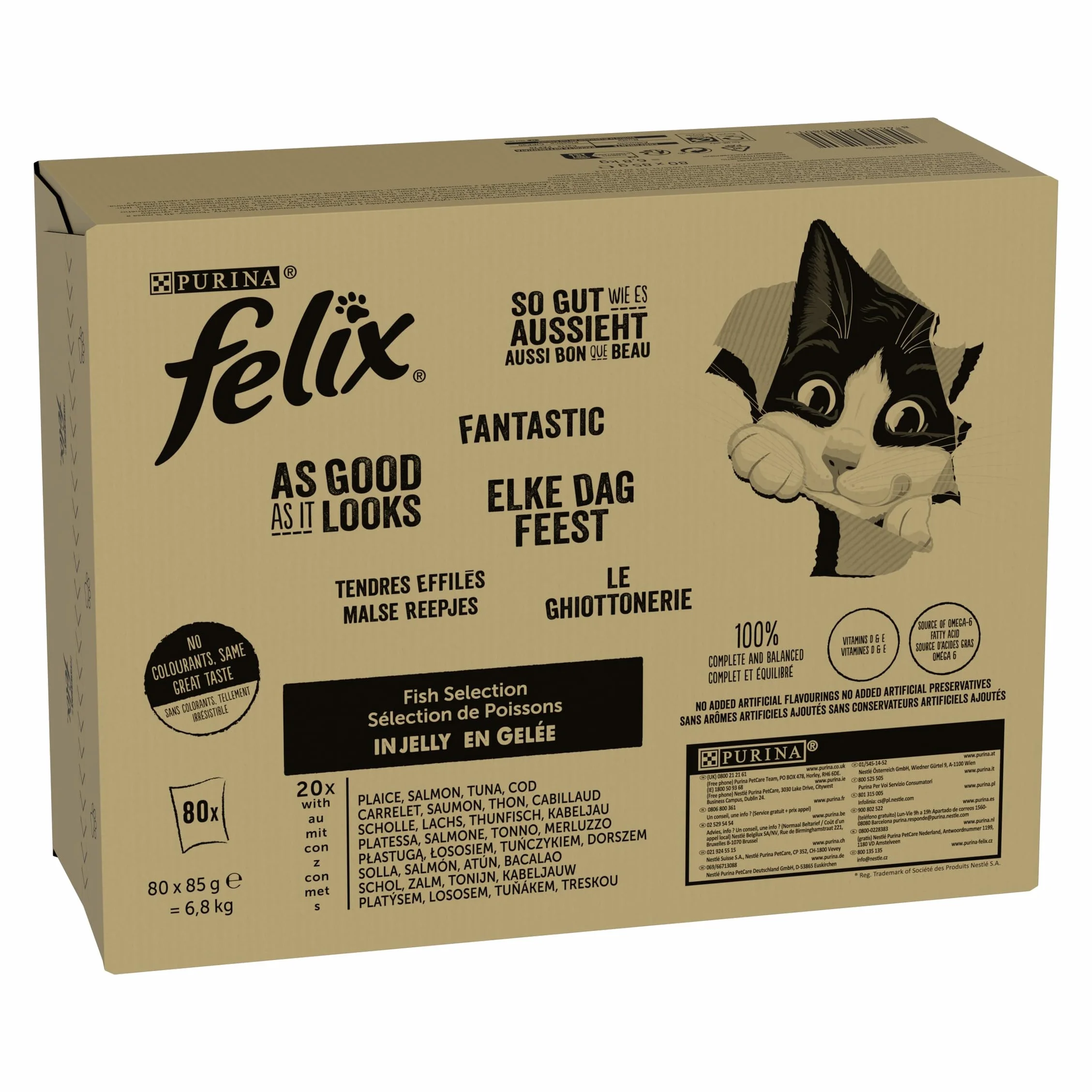 Felix Tendres Effilés en Gelée Alimentation complète Chat Adulte au Thon, Saumon, Boeuf et Poulet 80x85g
