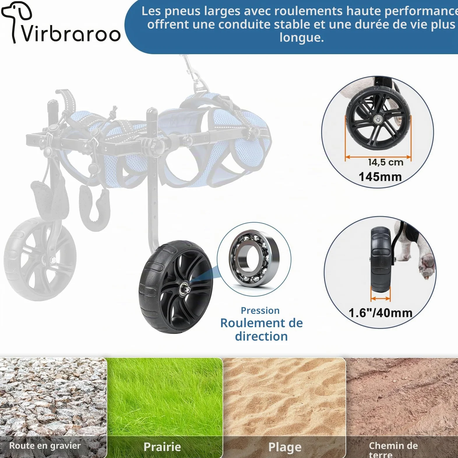 Fauteuil roulant Pvirbravoo Dlm-01 - Pneus tout-terrain améliorés pour petit chien - Fauteuil roulant réglable pour chien - Design de sécurité réfléchissant pour pattes arrière handicapées ou blessées
