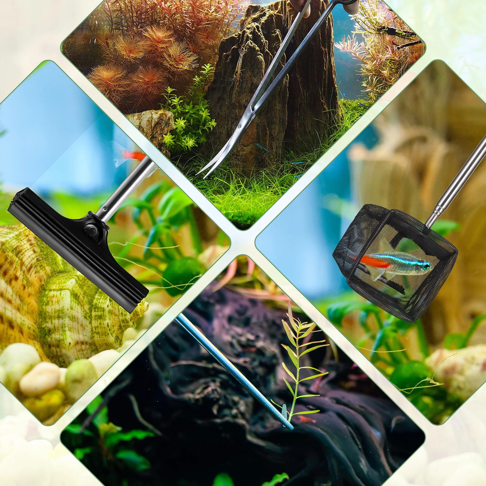 Kit Aquarium 6 en 1 Acier Inoxydable Pince Ciseau Épuisette Accessoires Aquarium Argenté