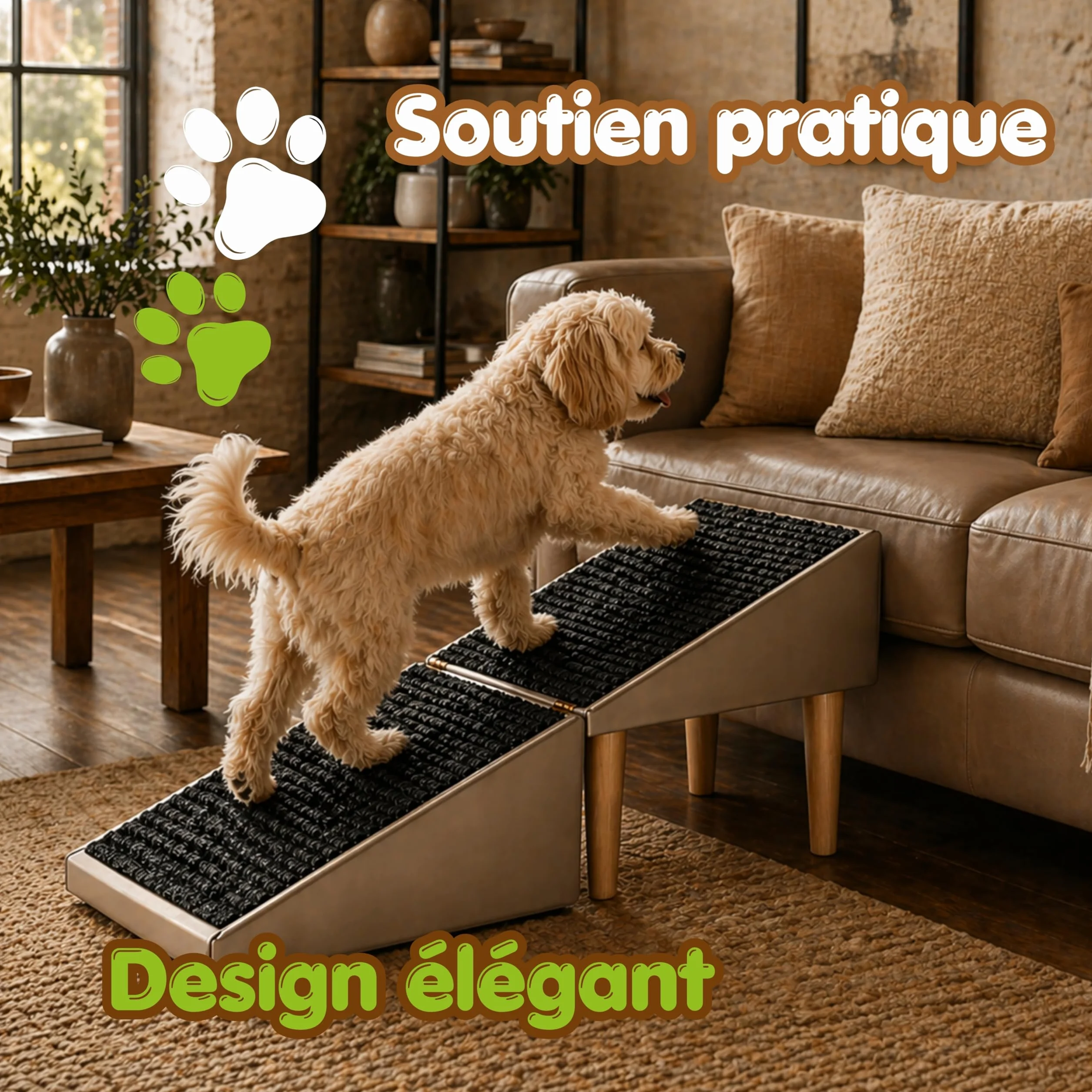 2 en 1 Siège Escalier Chien Antidérapant Pliable Effet Cuir Beige 36 cm
