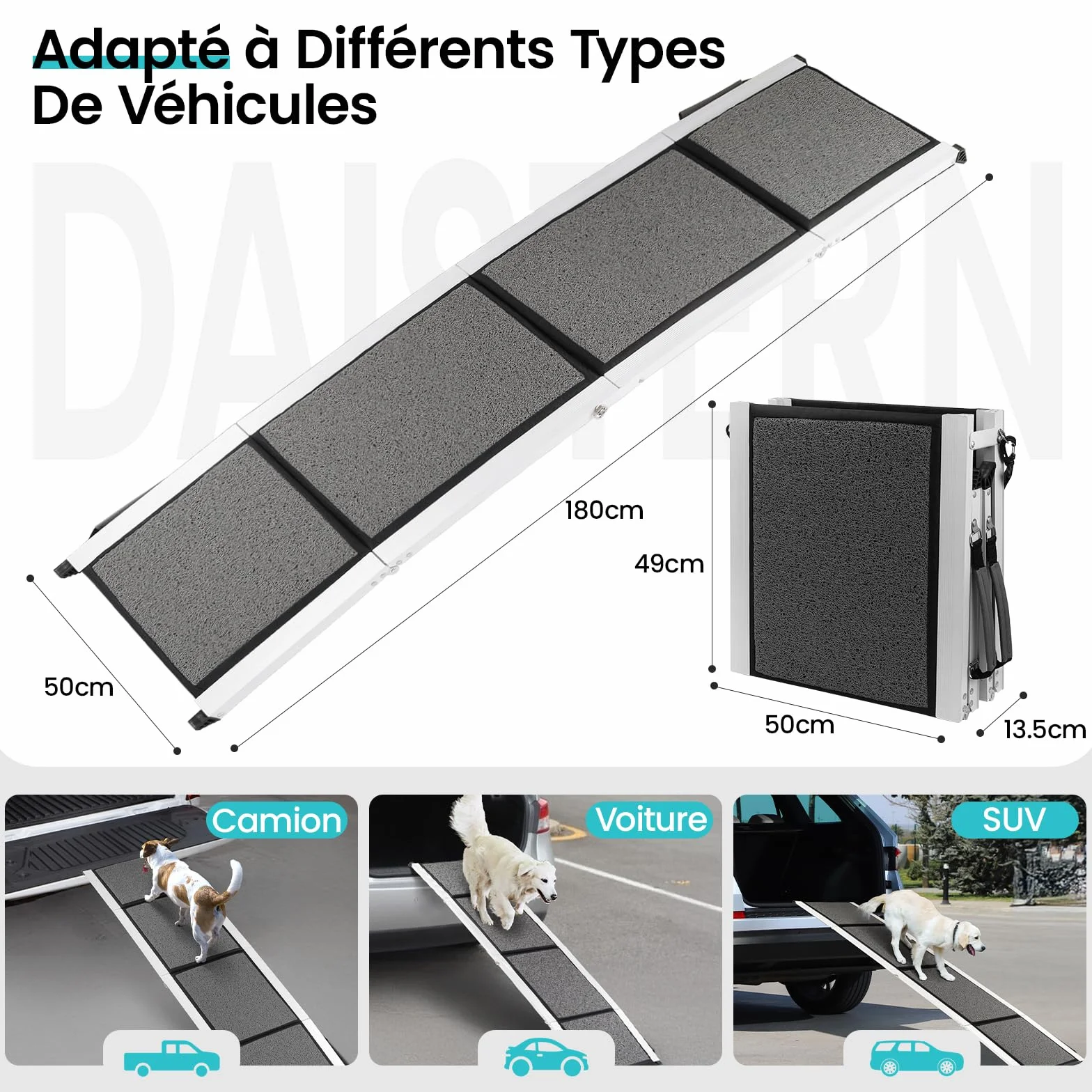 DAISTERN de BSWAY Rampe pour Chien Voiture Pliable 180cm x 50cm, Rampe d'Accès Escalier Extérieur avec Tapis Antidérapant, Cadre en Métal Aluminium Revêtu de Poudre Capacité de Charge jusqu'à 129KG