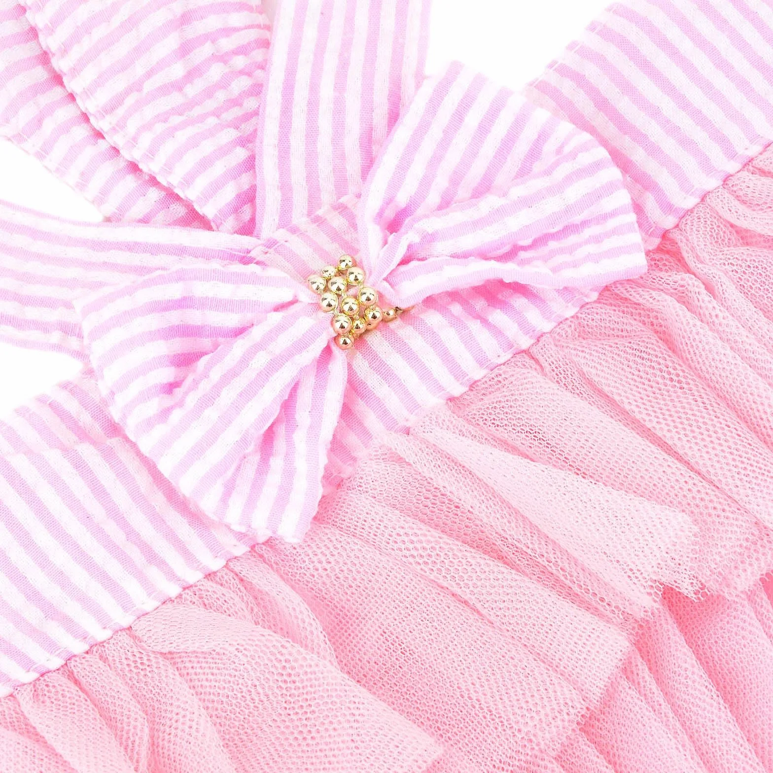 PAIDEFUL Robe tutu d'été en denim rayé avec nœud en organza et perles Rose Taille L