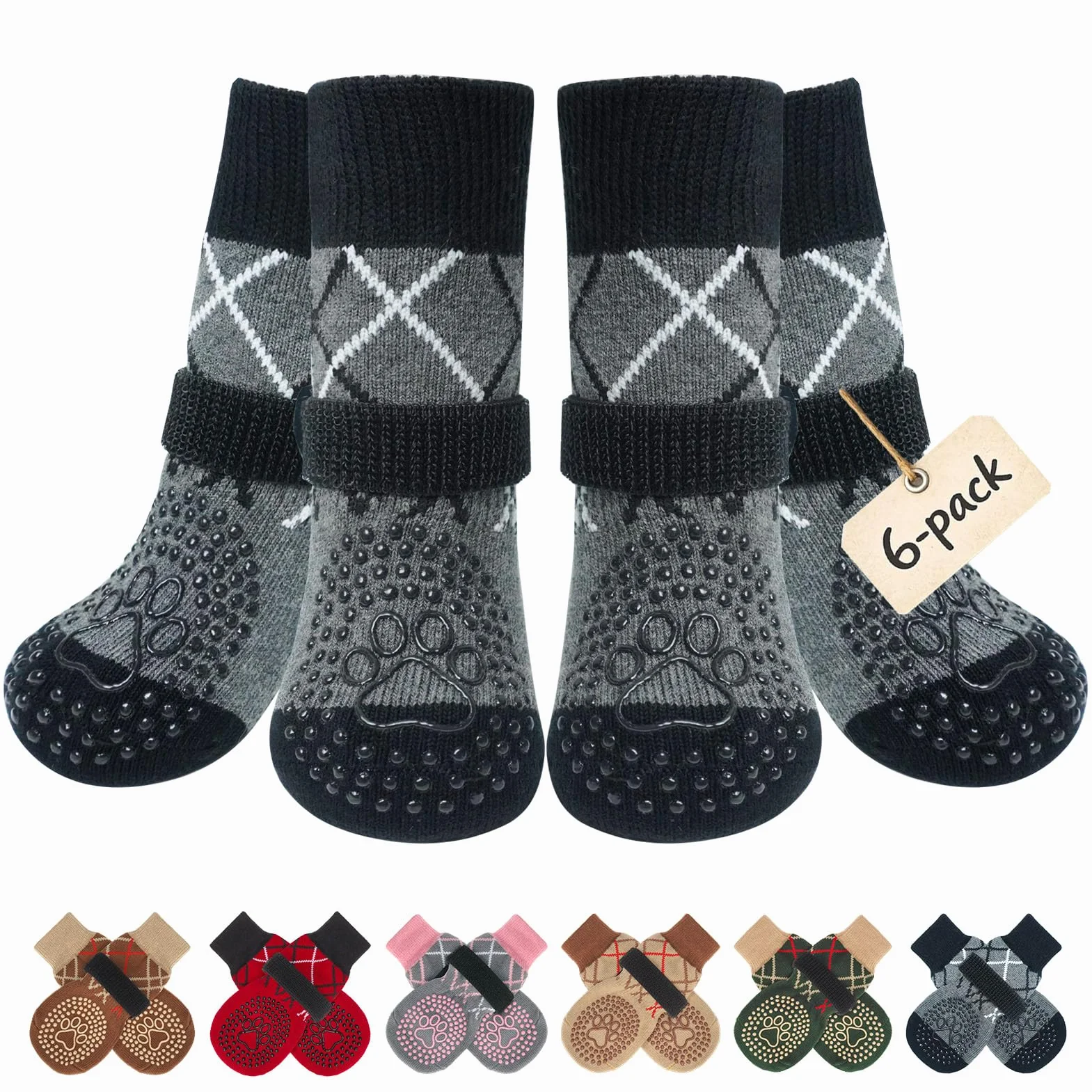 BEAUTYZOO Lot de 6 paires de chaussettes pour chien antidérapantes pour sols en bois dur