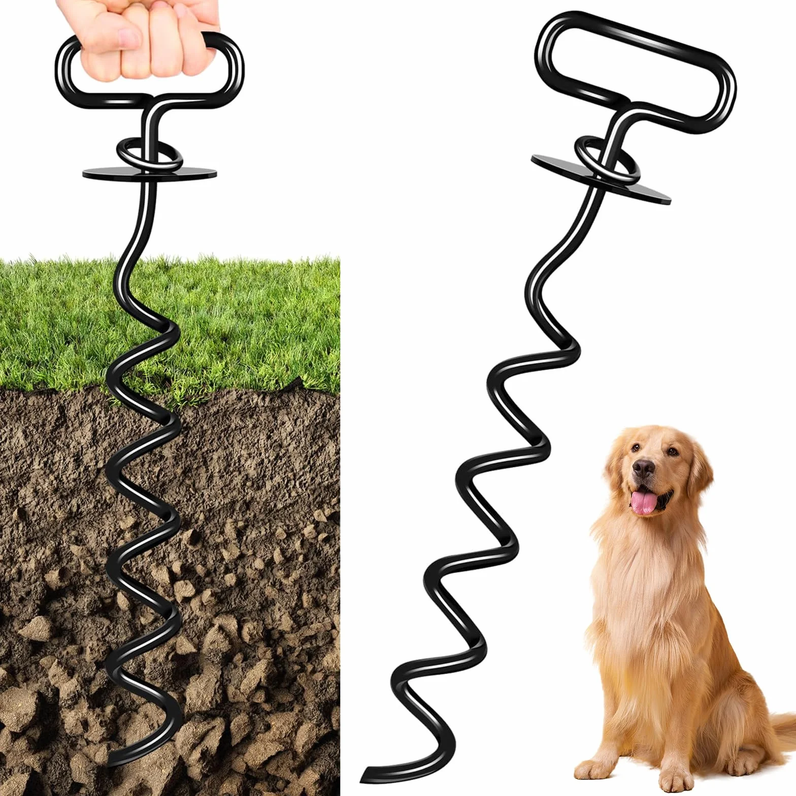 Ancrage pour Chien Spirale Trapézoïdale Piquet 360° Rotation Anti-enchevêtrement Noir