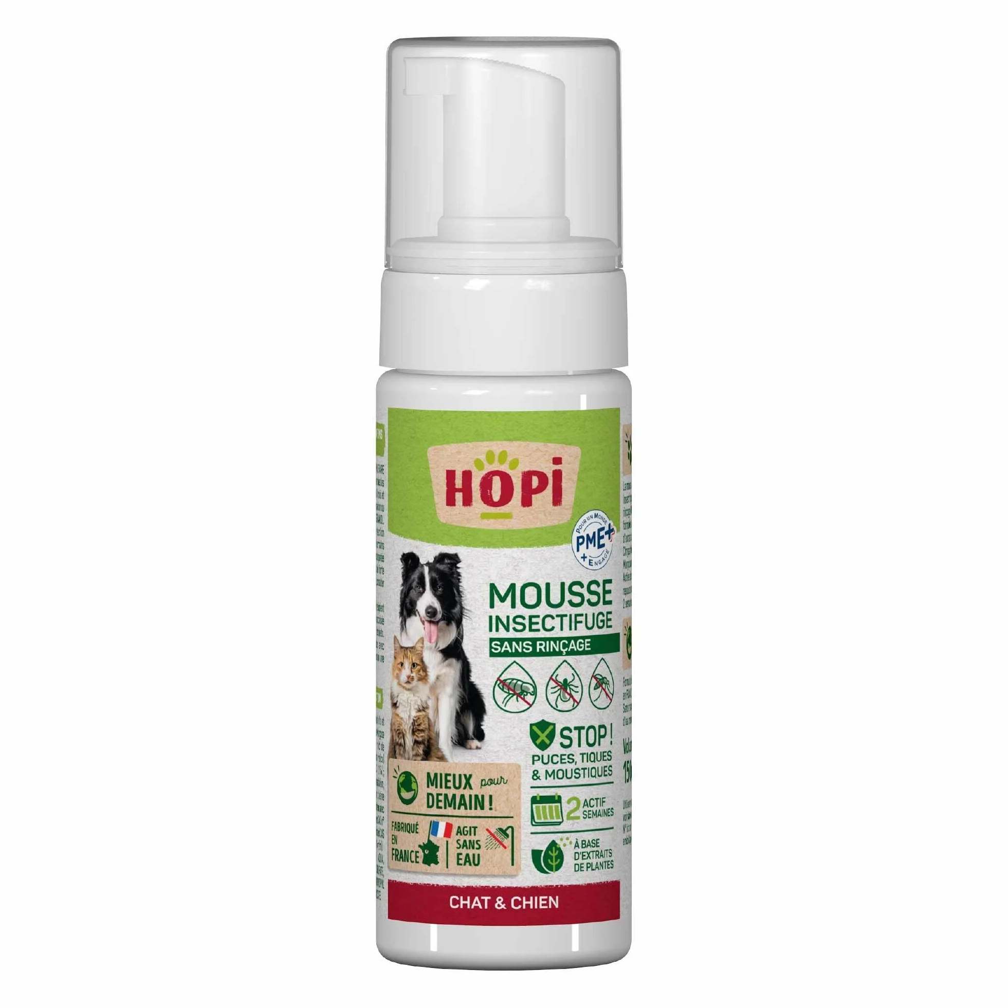 HOPI Mousse Insectifuge sans rinçage Chat et Chien 150 ML - Repousse Puces, Tiques et Moustiques - Extraits de Plantes Naturelles