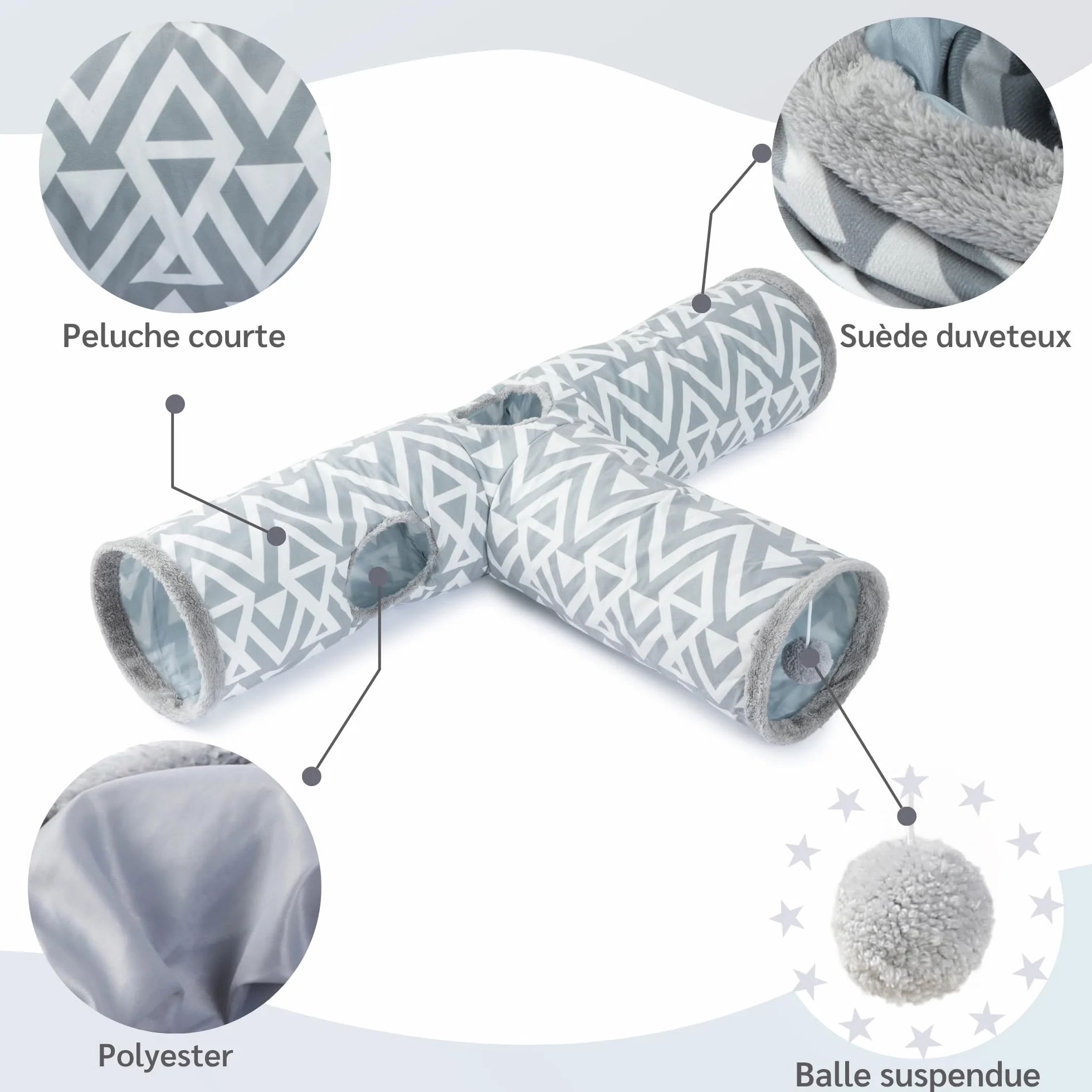 JanYoo Tunnel pour Chat et Lapin - Tunnel de Jeu en Peluche 3 Voies - Jouet pour rongeurs Trou d'espionnage interactif - Ø 26 cm - Gris
