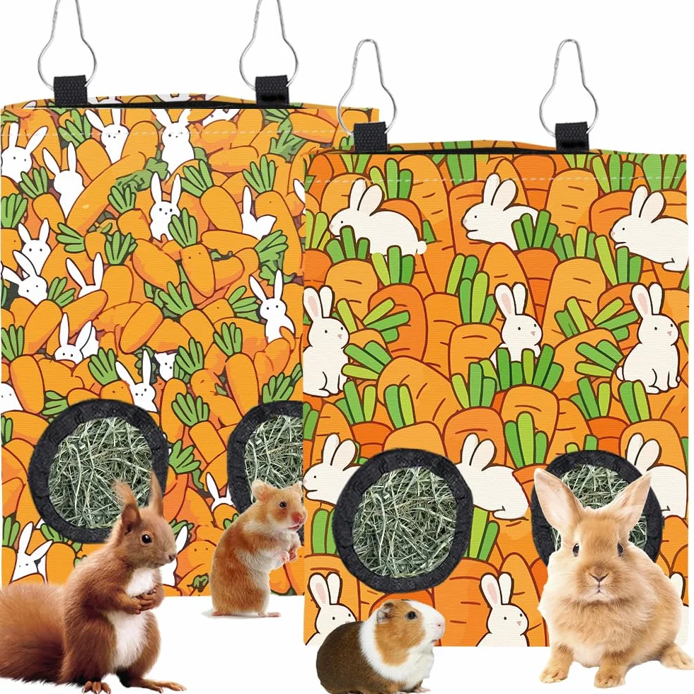 Sac De Foin pour Lapin 2 Pièces 2 Styles Motif Carotte Orange Tissu Lavable Rectangle 12 x 9 Pouces