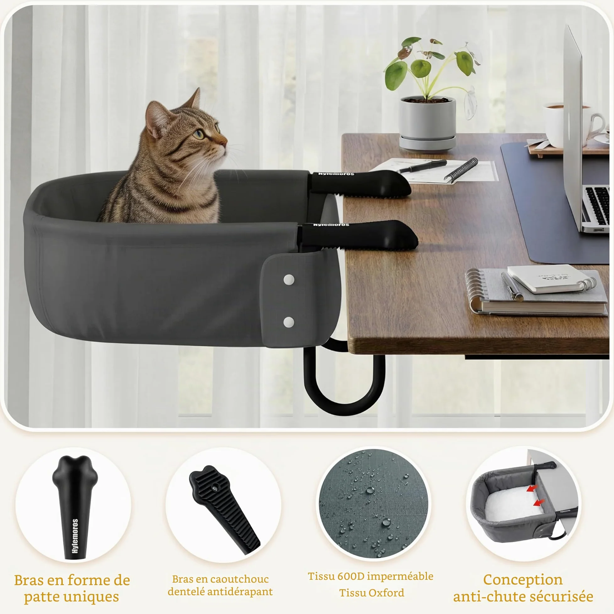 Panier Chat Bureau de Grande Taille, Ultra-robuset Hamac Chat | Pour bureau jusqu'à 7,6 cm, ultra-résistant, motif pattes, imperméable, tapis double face, montage facile (jeu/cuisine)