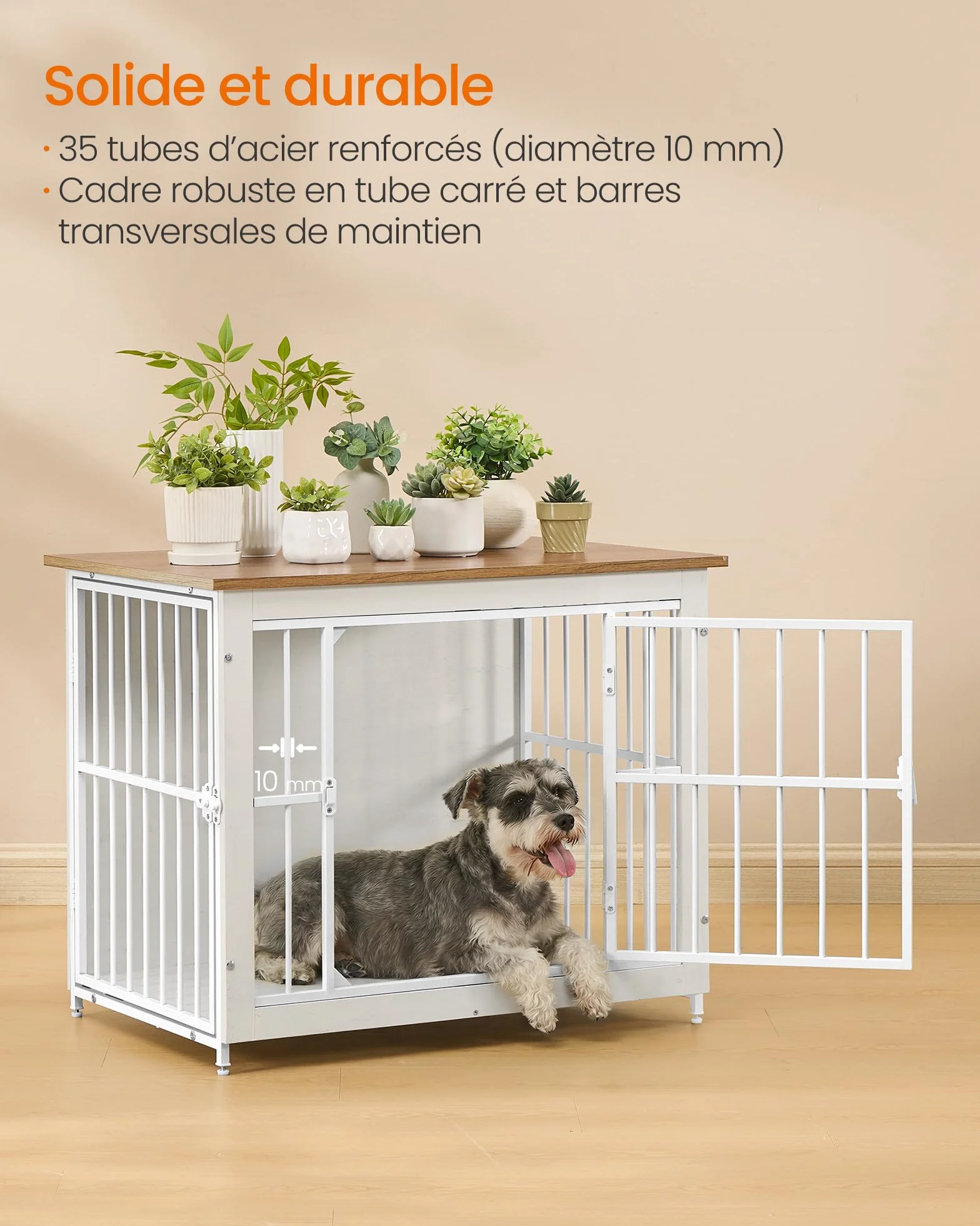 Feandrea Meuble Cage pour Chien Table d'Appoint Fond Plein 2 Portes 82x55x64 cm pour Chiens Jusqu'à 20 kg Blanc Nuage Marron Miel