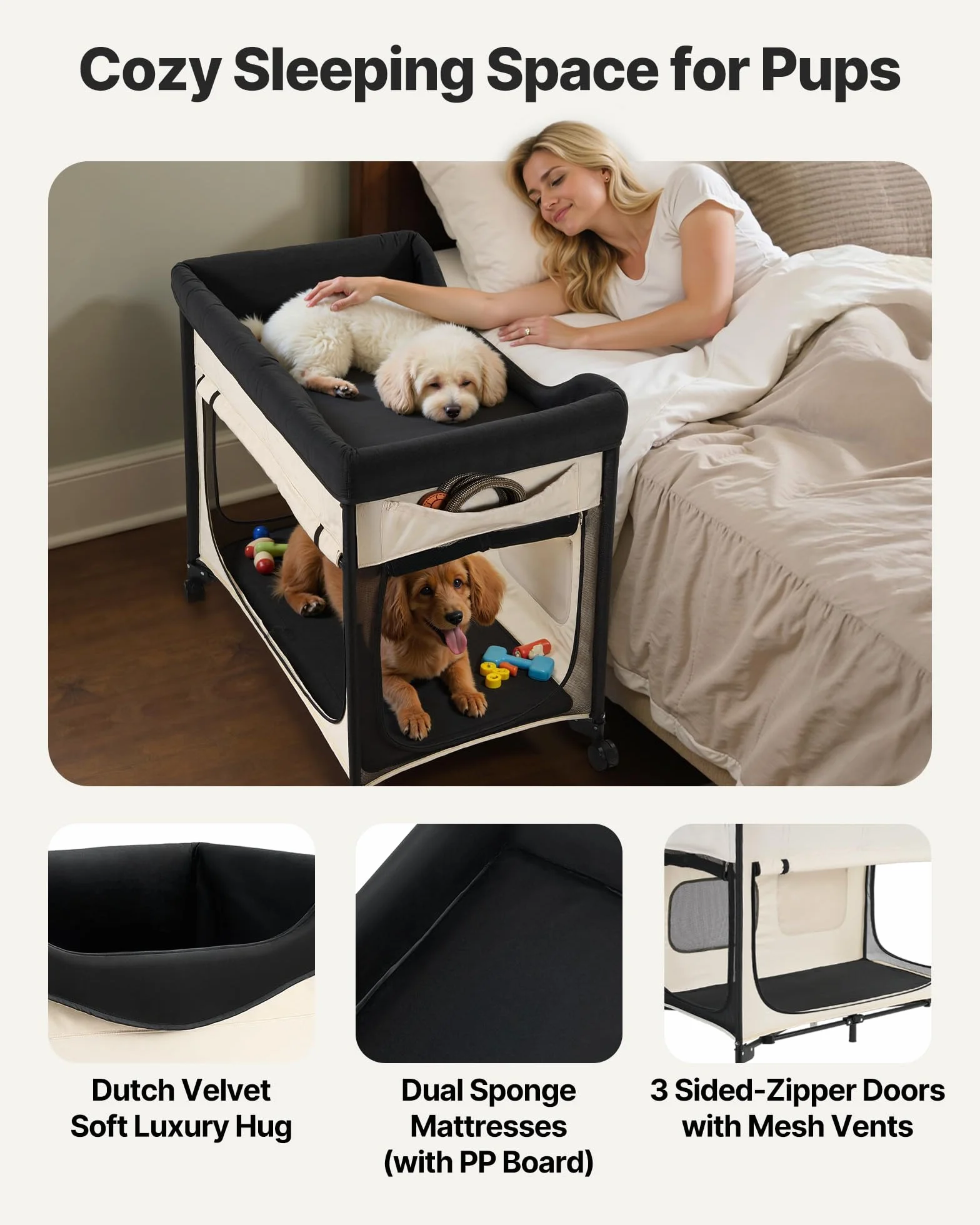 VEVOR Lit Surélevé pour Chiens Chats Pliable, Tissu Oxford 600D Velours Hollandais, Roues Pochettes Latérales, Taille XL Beige