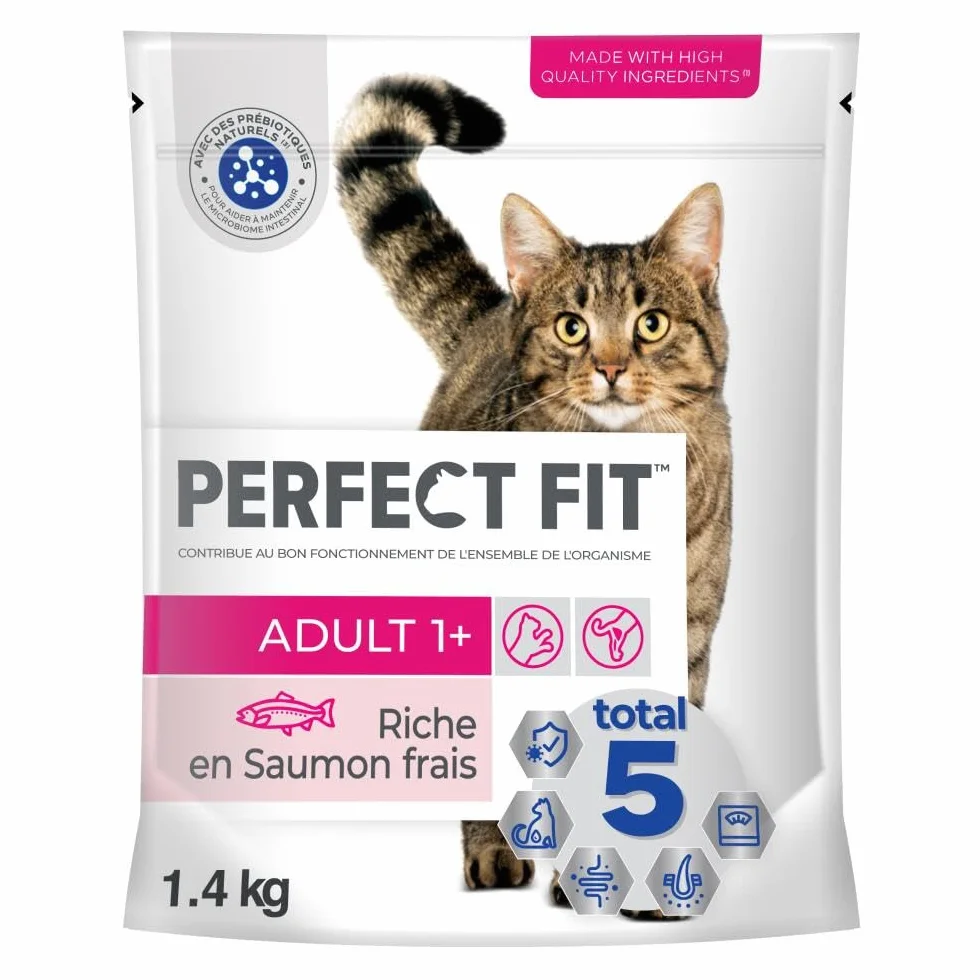 PERFECT FIT Adulte 1+ Croquettes chat stérilisé Saumon 1,4 kg Lot de 5