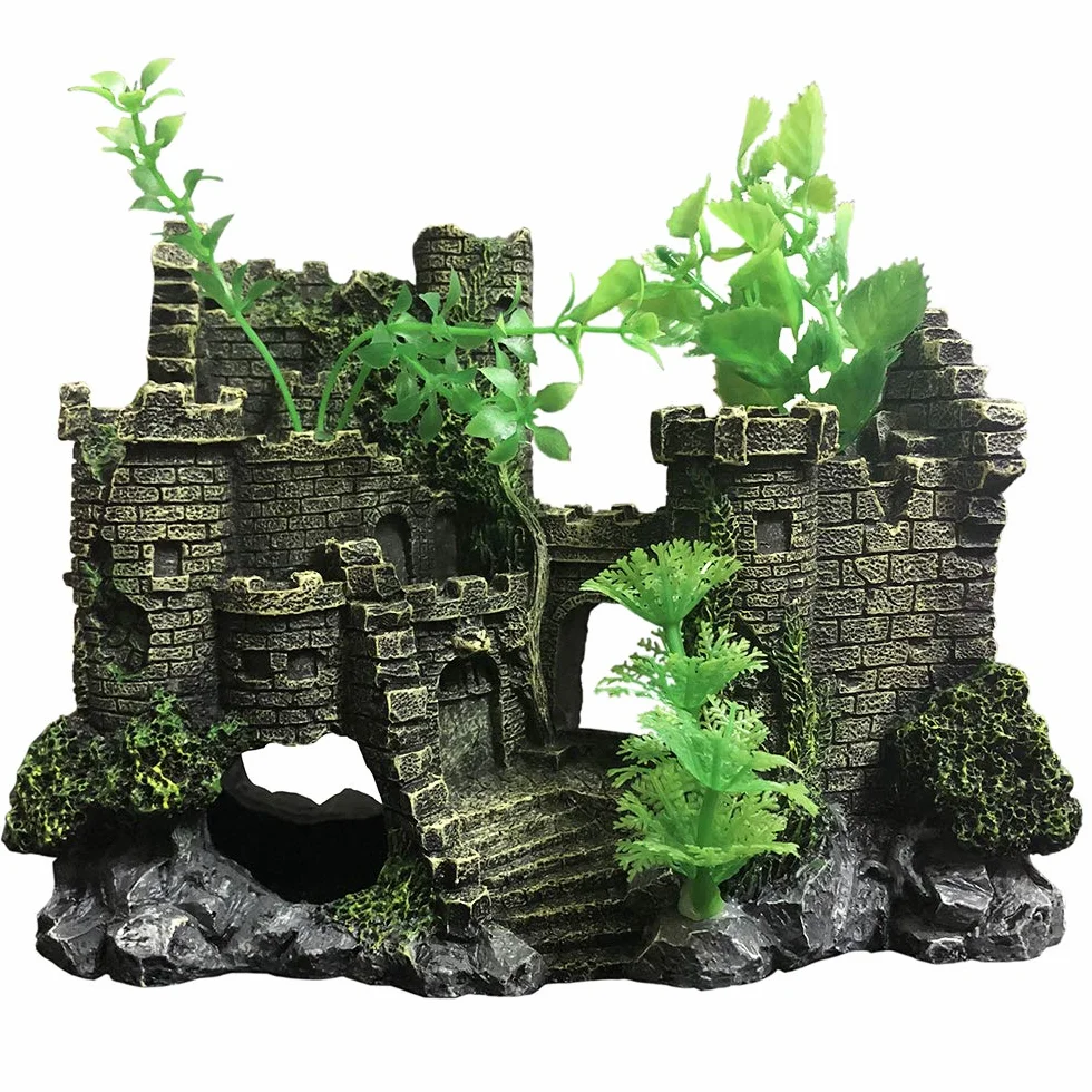 SLOCME Décorations de château médiéval en résine pour aquarium - Ornement paysage, accessoires décoration, abri château poissons Betta reptiles