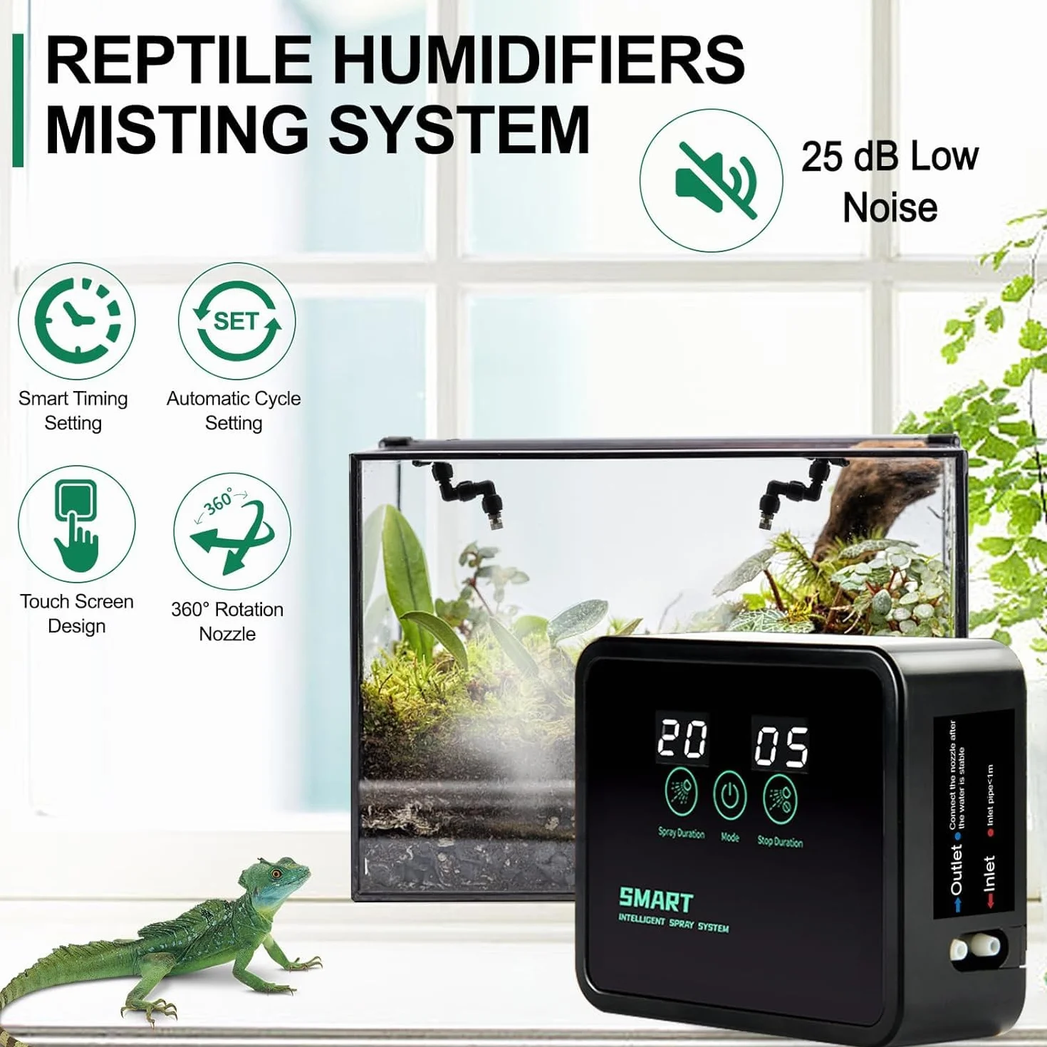 MECESOR Humidificateur pour reptile - Système de brumisation intelligent pour terrariums - Automatique avec minuteur - Buses de brumisation réglables à 360° pour caméléons, serpents, grenouilles