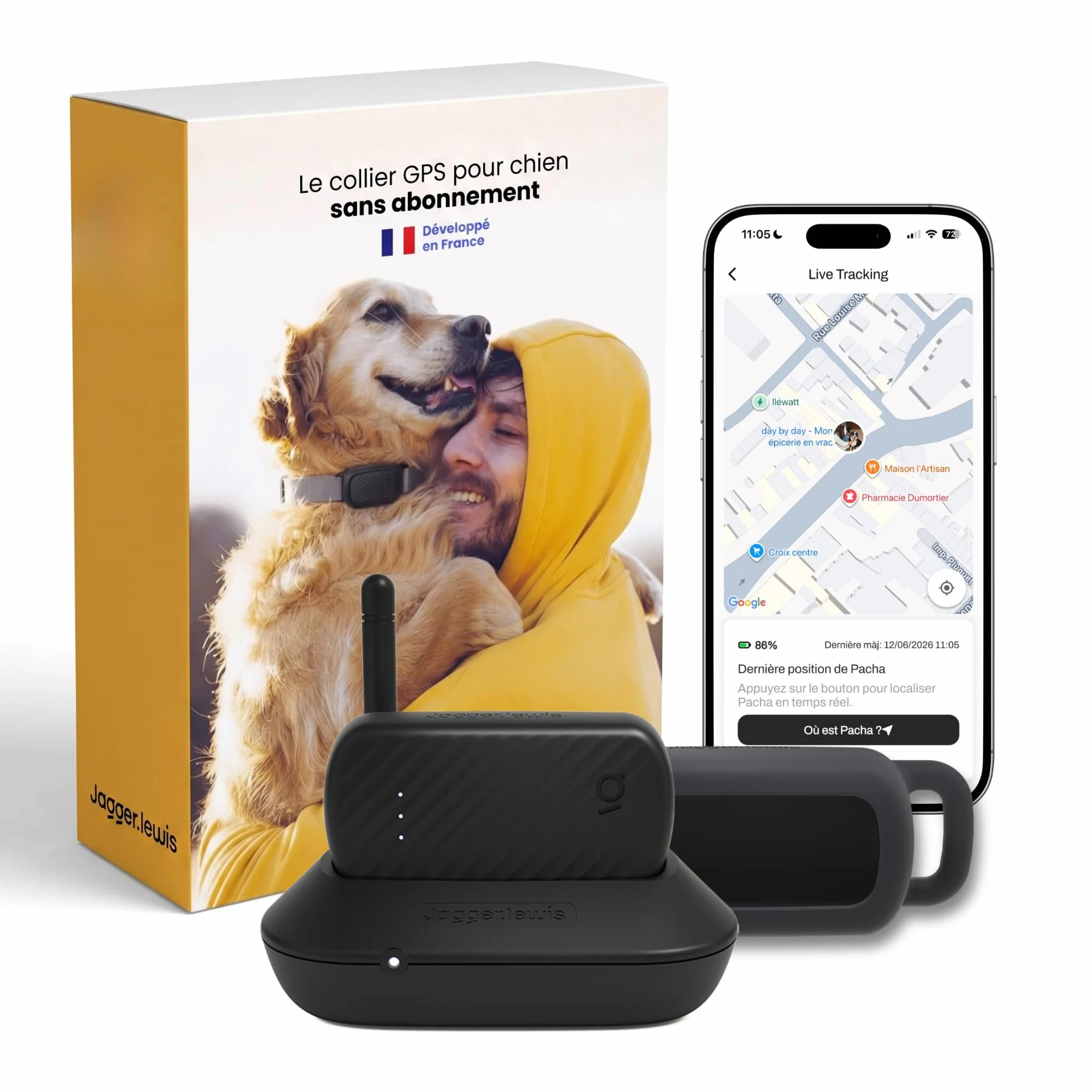 Jagger Lewis GPS Collier Chien sans Abonnement Localisation Direct Anti-Fugue Suivi Activité Bien-Être iOS Android Charbon Smartdock