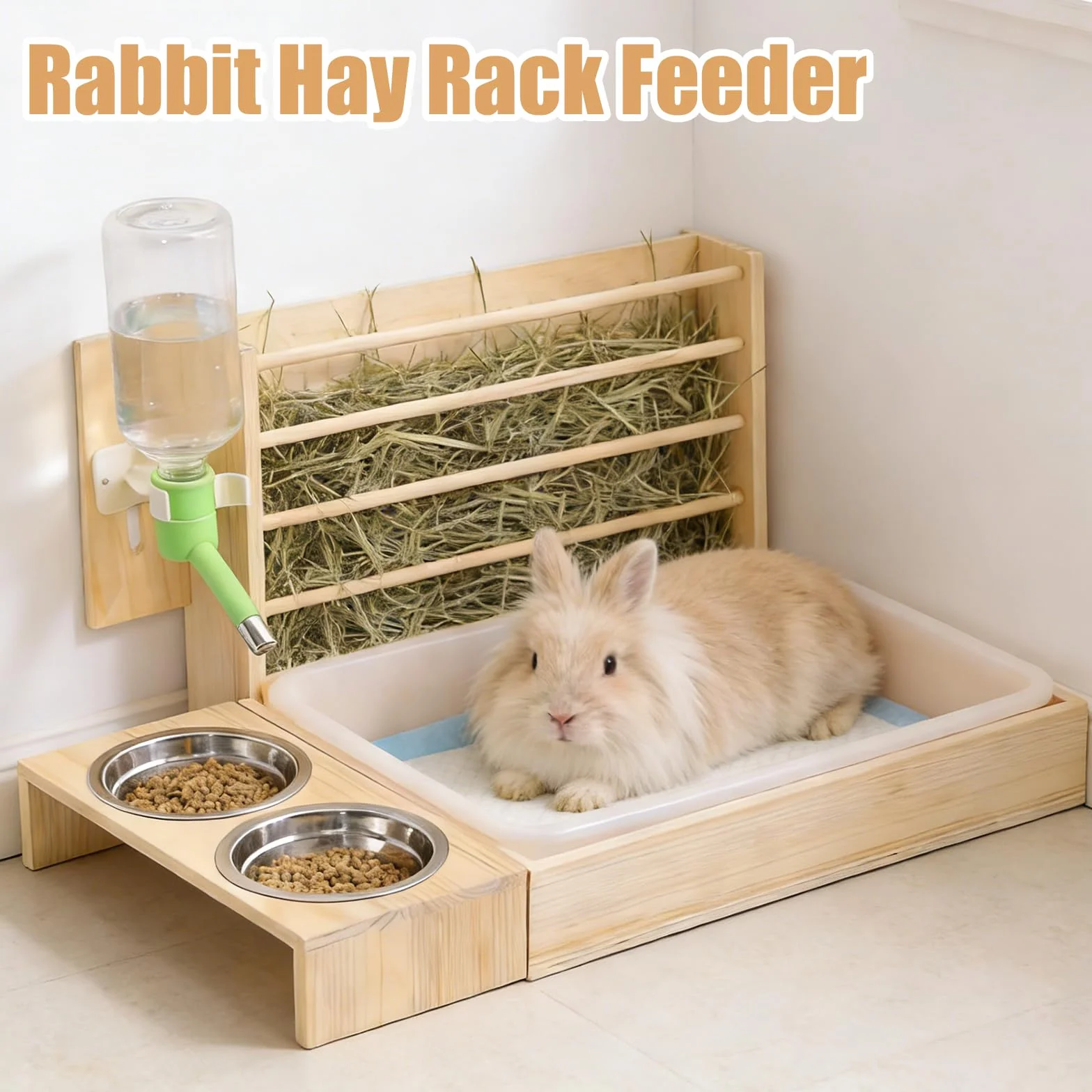 Mangeoire à Foin pour Lapin en Bois 4 en 1, Râtelier et Abreuvoir pour Petit Animal